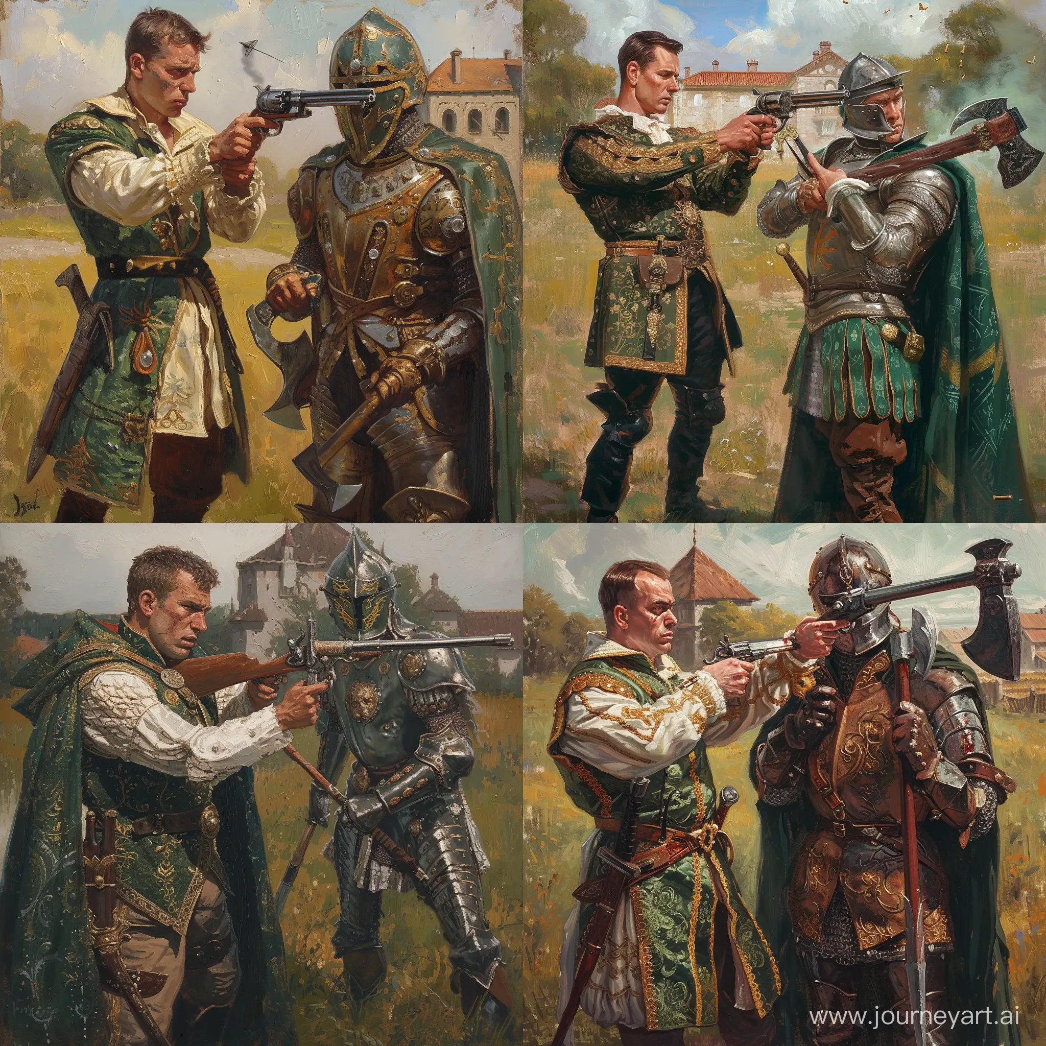 Fantasy-Merchant-and-Knight-Painting-Aristocratic-Scene-with-Medieval-Pistol-and-Battle-Axe