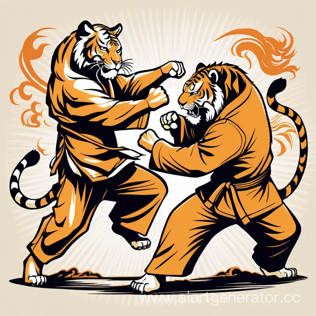 Infuse a martial arts theme into your retro design, depicting a tiger and lion engaged in a kung fu battle.