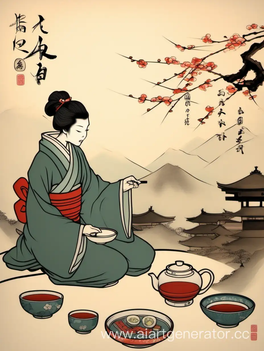 нарисуй в японском стреле чайную церемонию и добавь надпись "вкусный чай и похуизм укрепляет организм" 