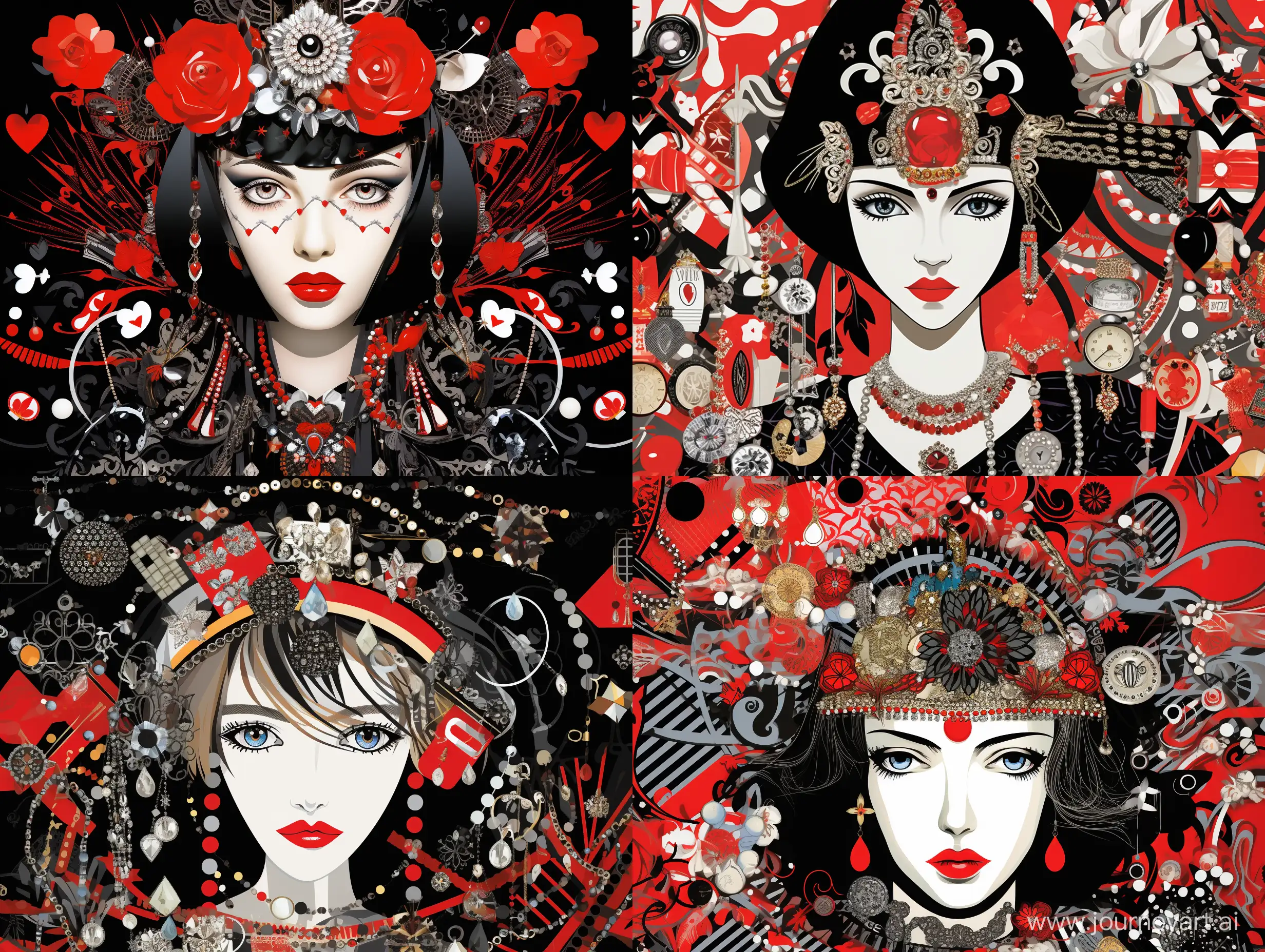 Portrait of Jeanne Lanvin, with accessories from Lanvin, with a small crown on her head, many details, complex, on the background of a pattern of diamonds, colors black, white, red, gray, caricature, pop art style, fashion illustration style