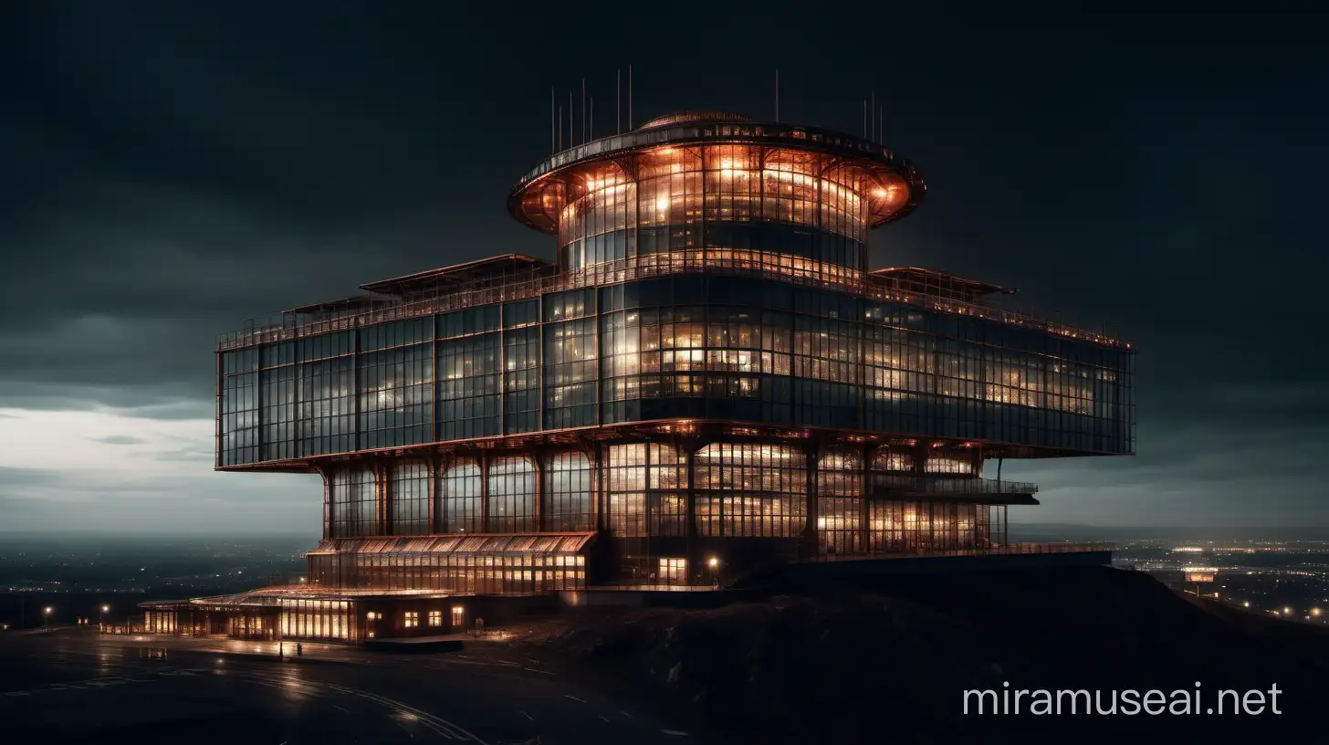 big steampunk building on the hill, made of copper, silver and glass, large windows, airfield on the top of the building, dark, well-illuminated, distant view