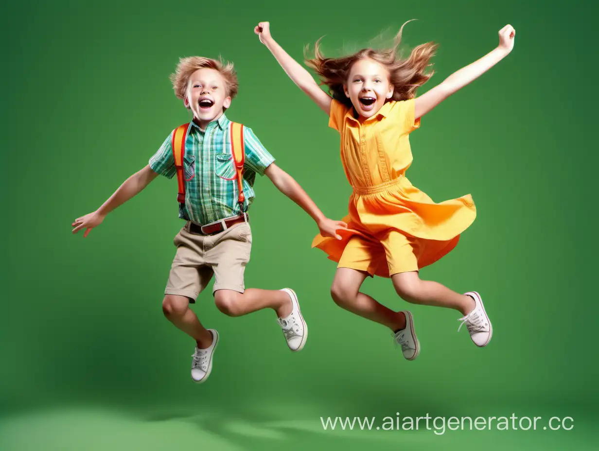Vibrant-Jumping-Kids-in-Bright-Summer-Attire-against-Green-Background