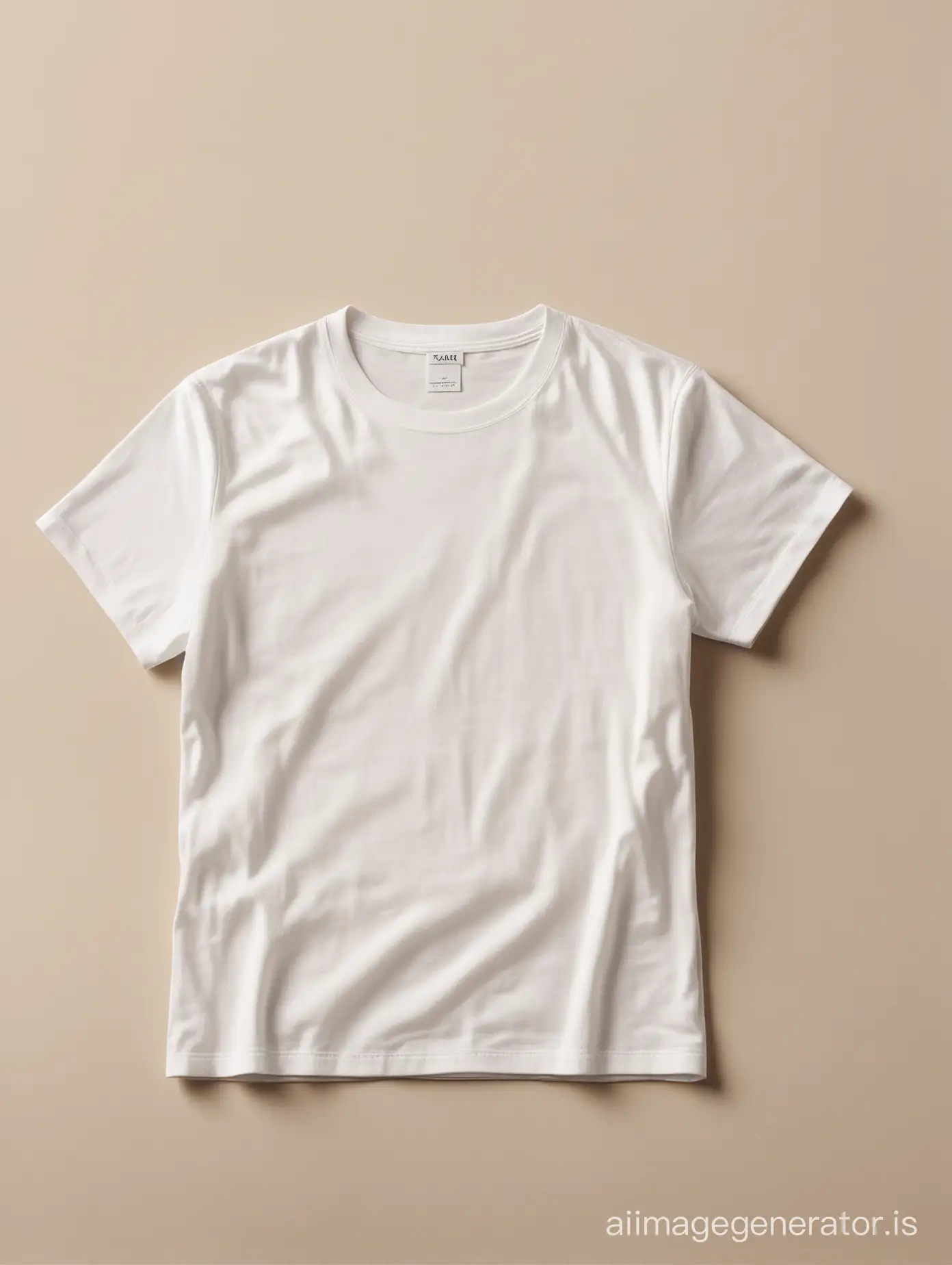 A high-resolution photo of a perfectly folded flat square white cotton t-shirt with one white label, styled for a Zara brand catalog. Warm natural sunlight streams in from the left side of the image, highlighting the rich texture  of the natural fabric. The t-shirt should be meticulously folded into a square, with sharp edges and no wrinkles or imperfections. Imagine the fold as a series of precise rectangles stacked upon each other, creating a flawless geometric form. Maintain a minimalist, clean background for a polished look.