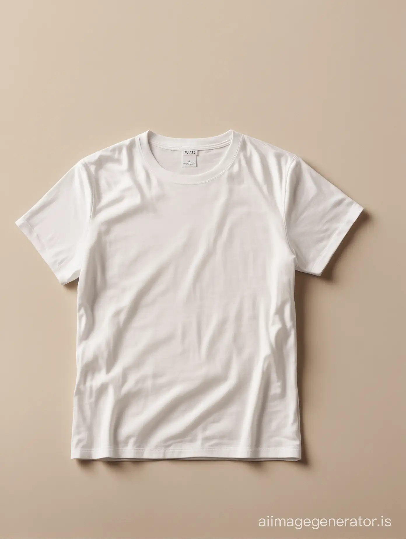 A high-resolution photo of a perfectly folded flat square white cotton t-shirt with one white label, styled for a Zara brand catalog. Warm natural sunlight streams in from the left side of the image, highlighting the rich texture  of the natural fabric. The t-shirt should be meticulously folded into a square, with sharp edges and no wrinkles or imperfections. Imagine the fold as a series of precise rectangles stacked upon each other, creating a flawless geometric form. Maintain a minimalist, clean background for a polished look. 