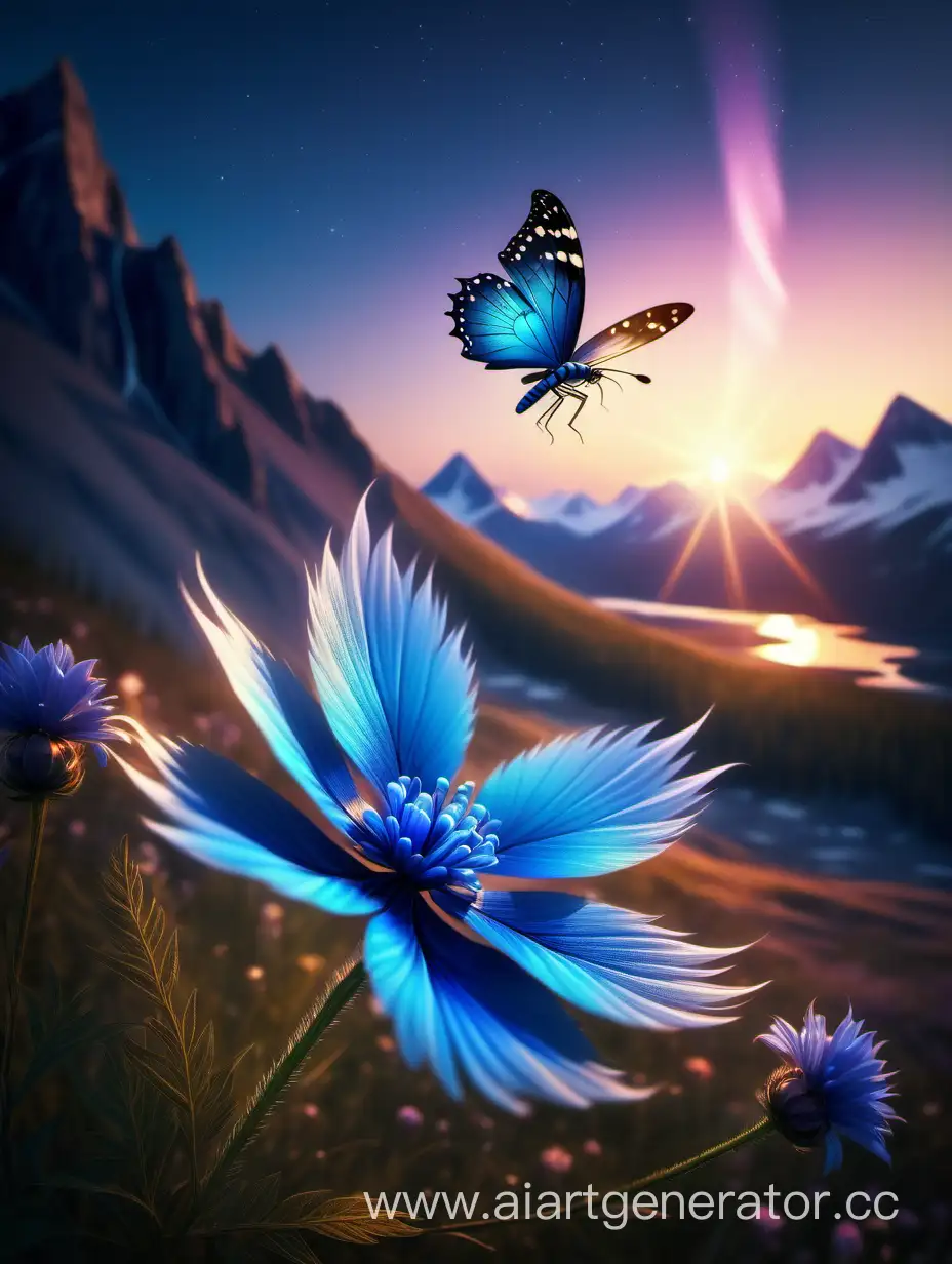 Цветок в горах на закате. Цветок синего цвета. Рядом бабочки и стрекоза. Магический цветок и северное сияние 