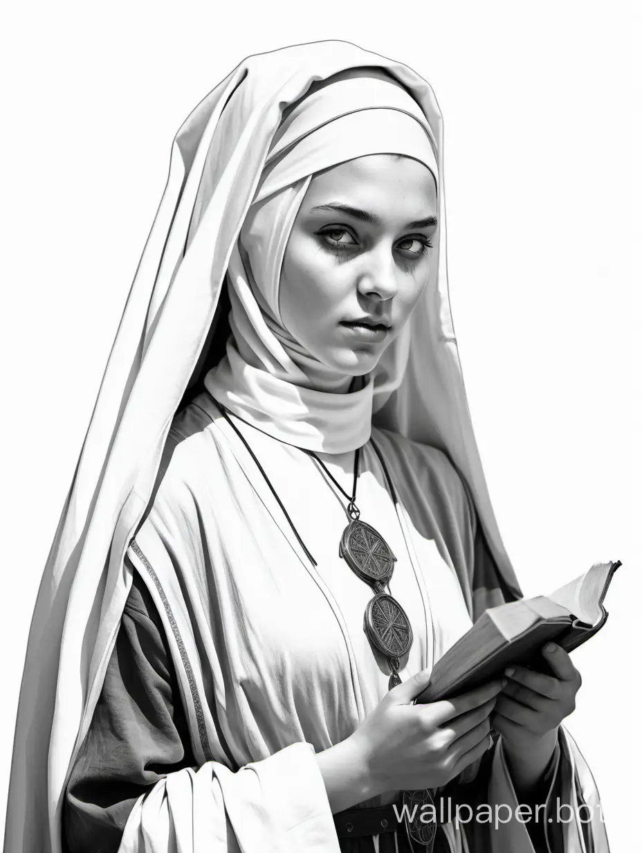 Молодая девушка , в средневековой восточной одежде , лекарь монашка , фото 4к, черно-белый эскиз, белый фон,  в 3/4 роста . стиль D&D