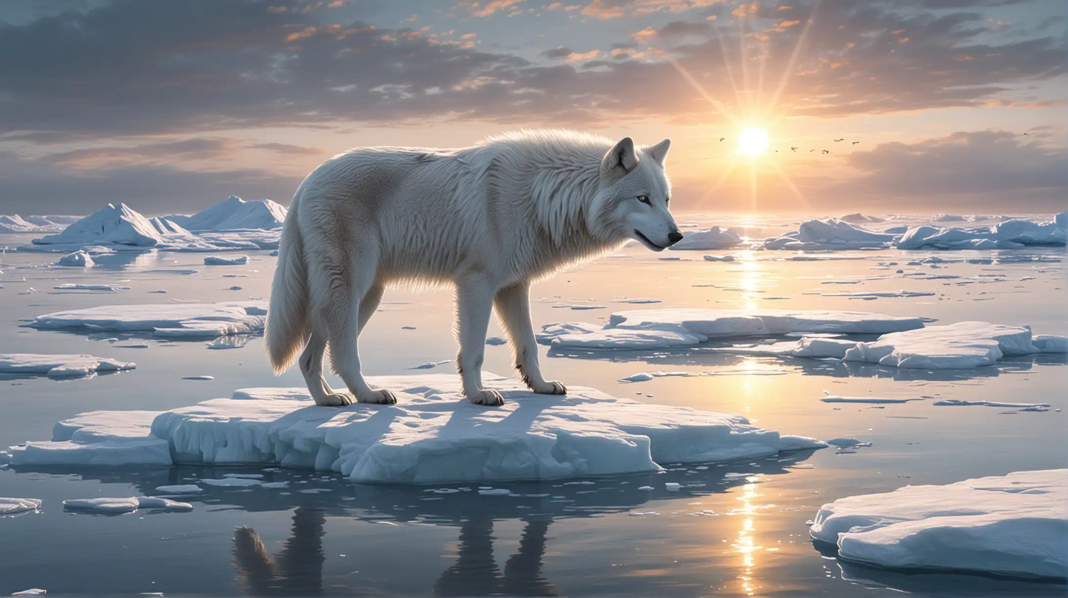 Majestic White Wolf on Ice Floe with Sun and Sea