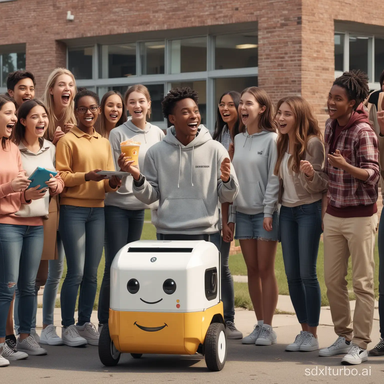 a diverse group of students outside the high school are surprised and excited about a food delivery robot with a smiley face. Magical realism style.