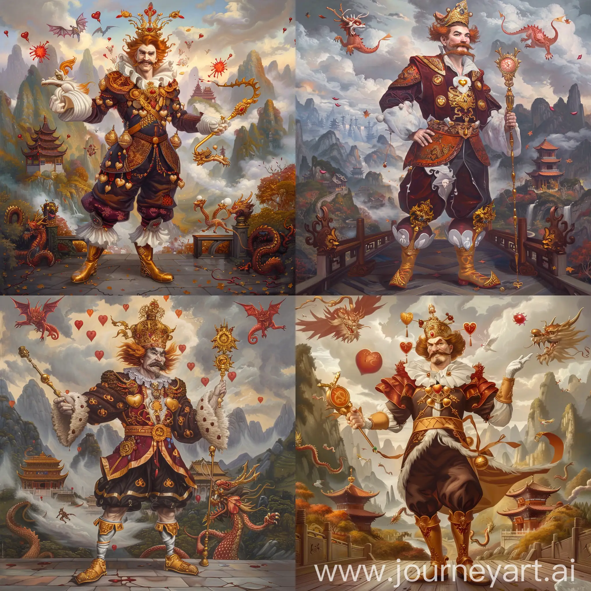 Historic painting style:

a Disney's American Villain: King Of Hearts,

with orange and brown color mid-long hair and mustache,

he is about 50 years old,

he wears a golden Chinese emperor crown and golden boots,

he wears dark red and white colors Chinese emperor costume with golden heart emblems on it,

he holds a Chinese  golden dragon wand in his right hand,

Chinese Guilin mountains and temple as background,  evil iced dragons and three small red blood suns in cloudy sky.