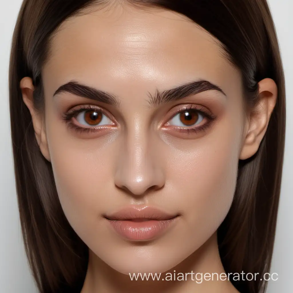 Oval face,brown eyes,straight wide nose,thin lips,arched eyebrows