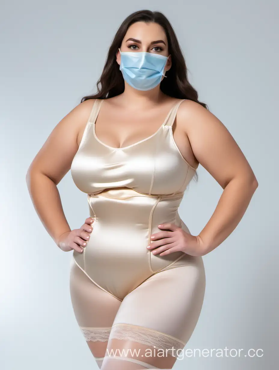 Stylish-Larger-Australian-Woman-in-Medical-Mask-and-Satin-Shapewear-with-Stockings