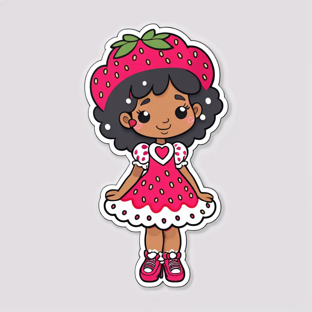 valentine Sticker, black girl dress like strawberry shortcake Delightful with Sprinkles valentine,cartoon, contour,  vector, white background