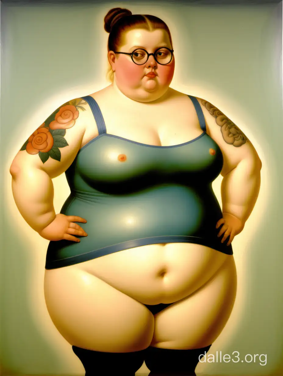 fernando botero painting of a fat  painting of tattooed hipster girl