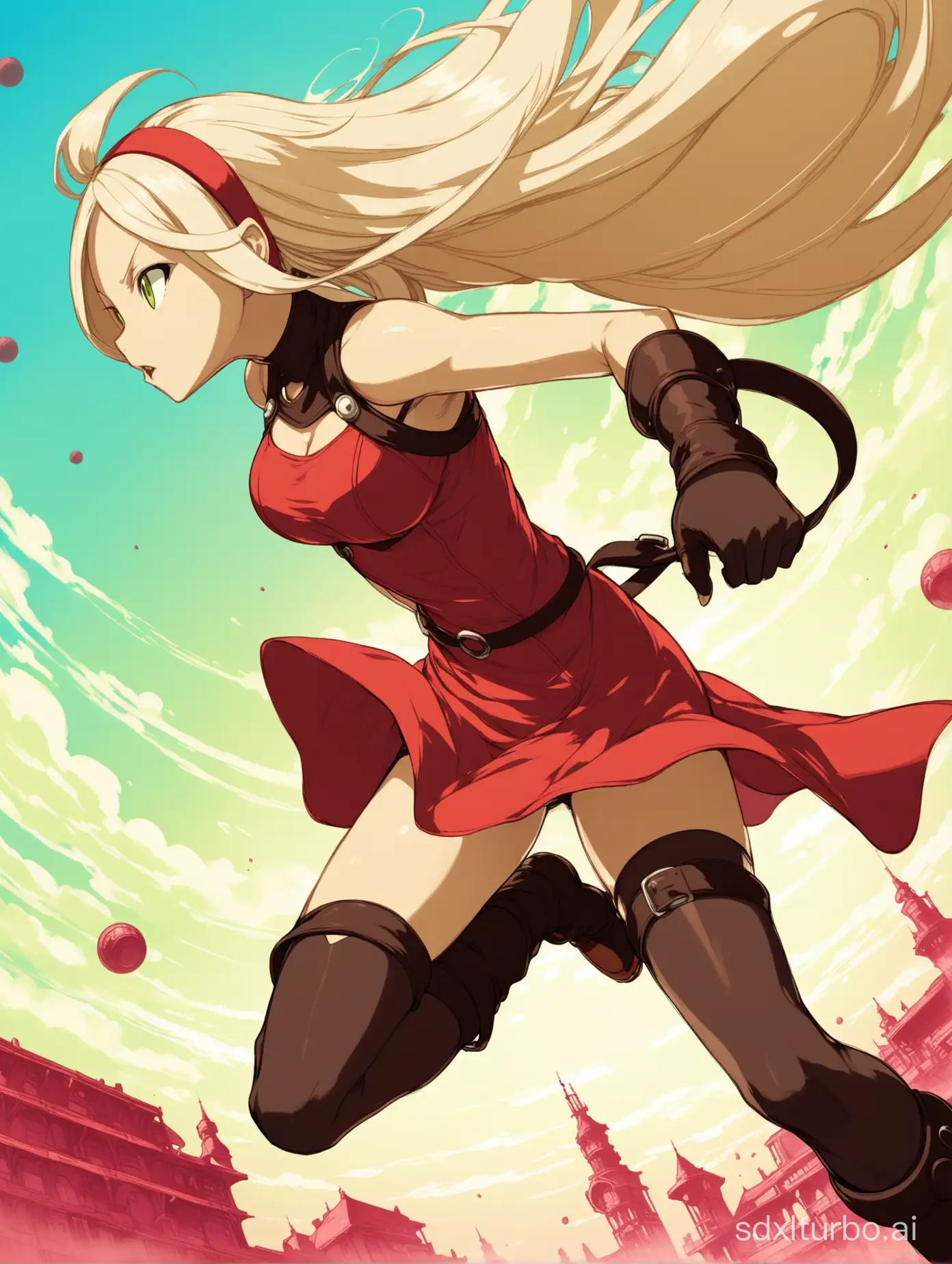 kat from gravity rush in red dress and hairband, action pose