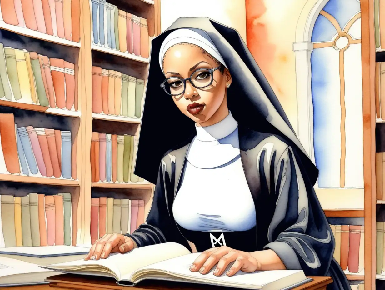 Sensual Mulatto Librarian Nun in a Milo Manara Inspired Convent Library Scene