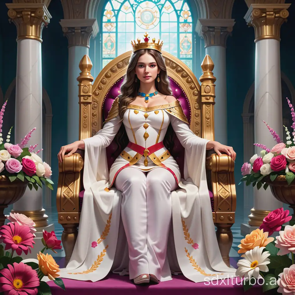 Die Königin von Miranda auf ihrem Thron, umgeben von Blumen --ar 16:9