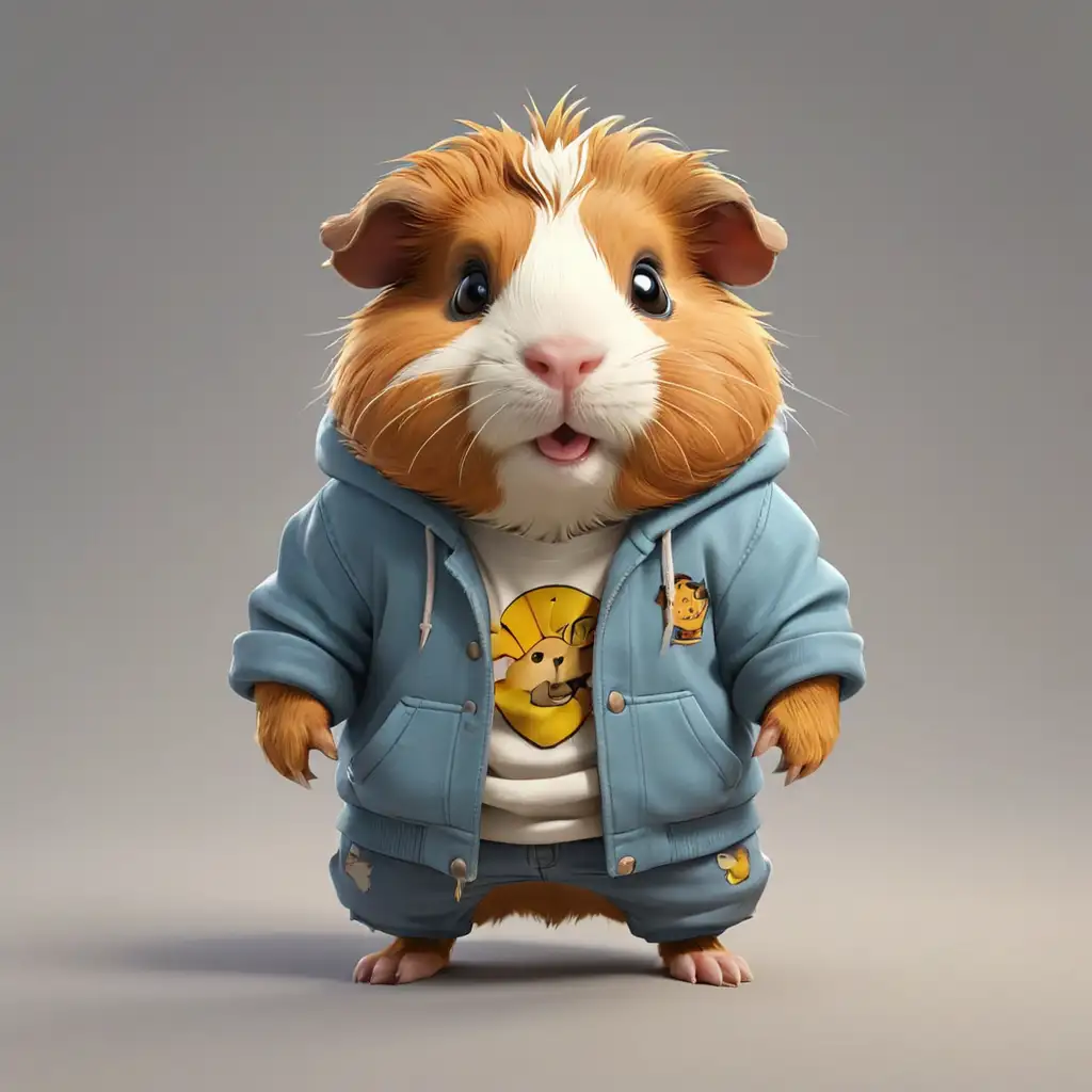 a cute Guinea pig in cartoon style in full body with raper clothes with clear background