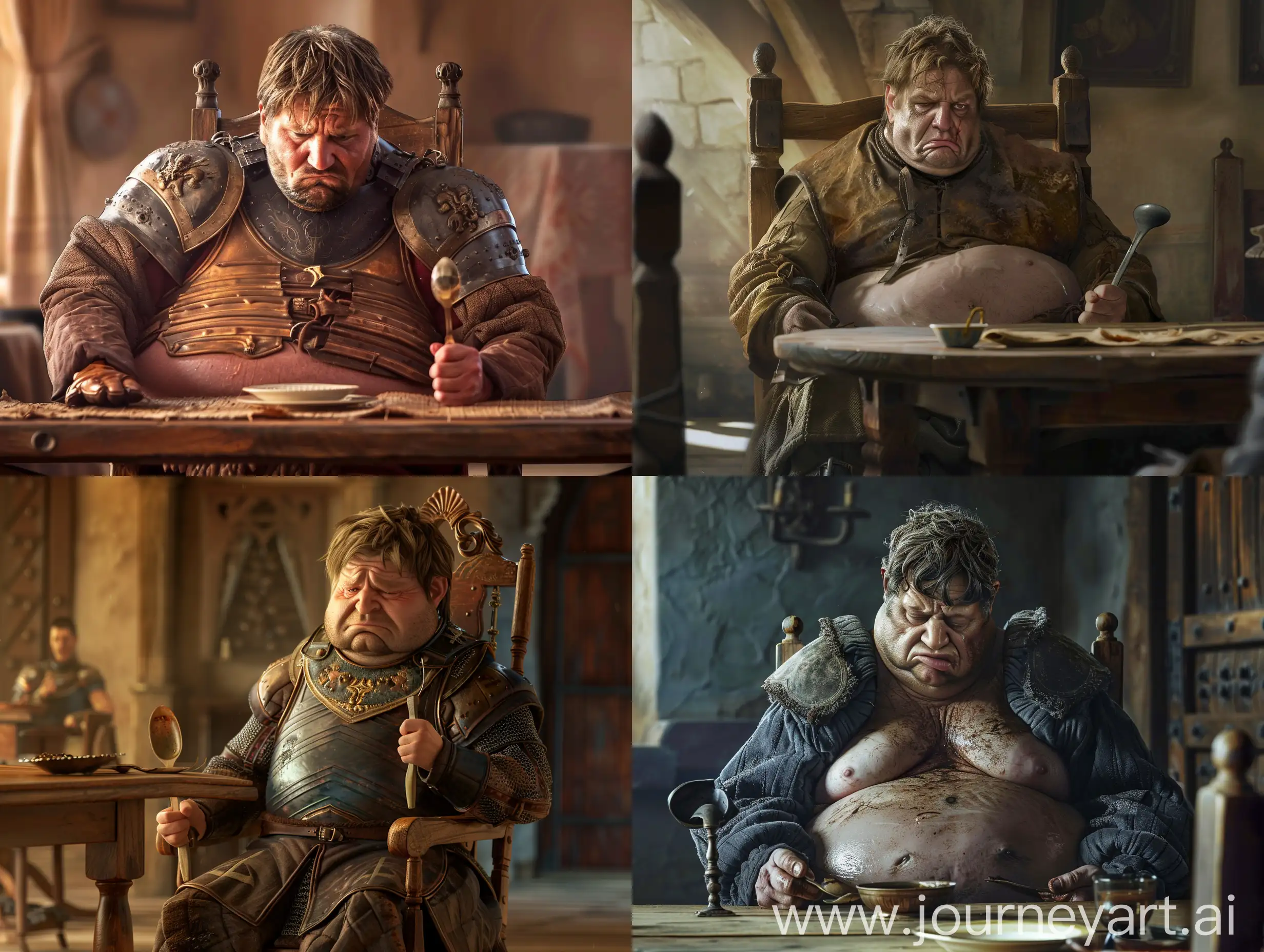 Jaime Lannister (played by Nikolay Caster Waldo) in the Game of Thrones series, Jaime Lannister is fat and has a fat face and body, Jaime Lannister with the same body and fat face sits at the dining table of Winterfell, Jaime Lannister with the same body and fat face Sitting on a wooden chair, Jaime Lannister is sad and hungry. Jaime Lannister holding a spoon in his right hand, Jaime Lannister holding a fork in his left hand, Jaime Lannister's expression is one of pure despair, the background is the dining room of Winterfell, the lighting is classic, q2