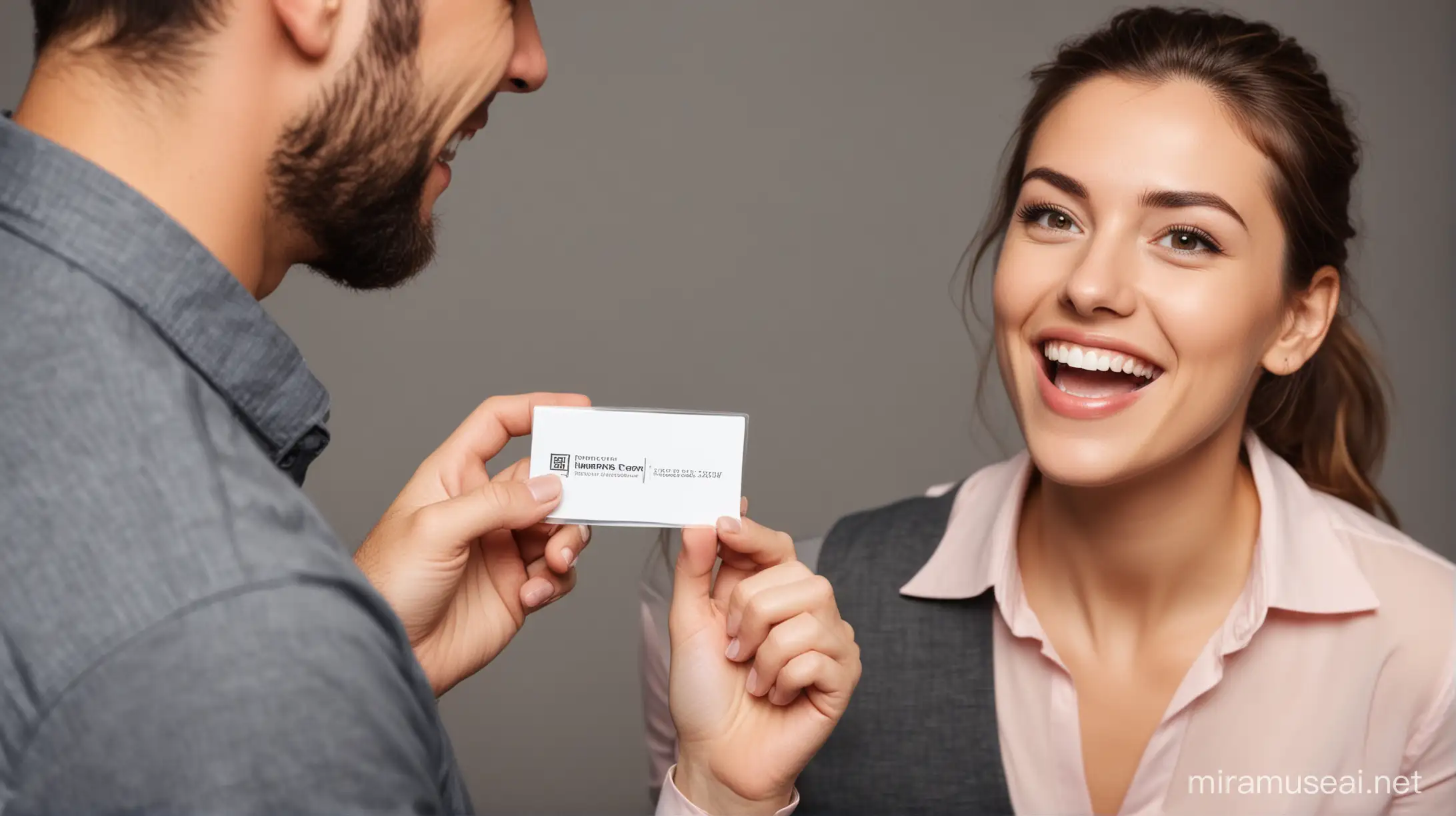 Excited Person Receiving and Viewing Business Card