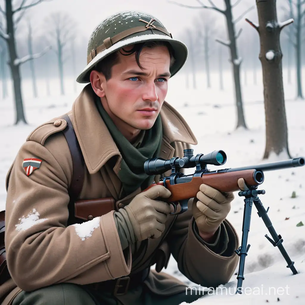 a sniper in 1940 at world war 2, snowy lands,cold