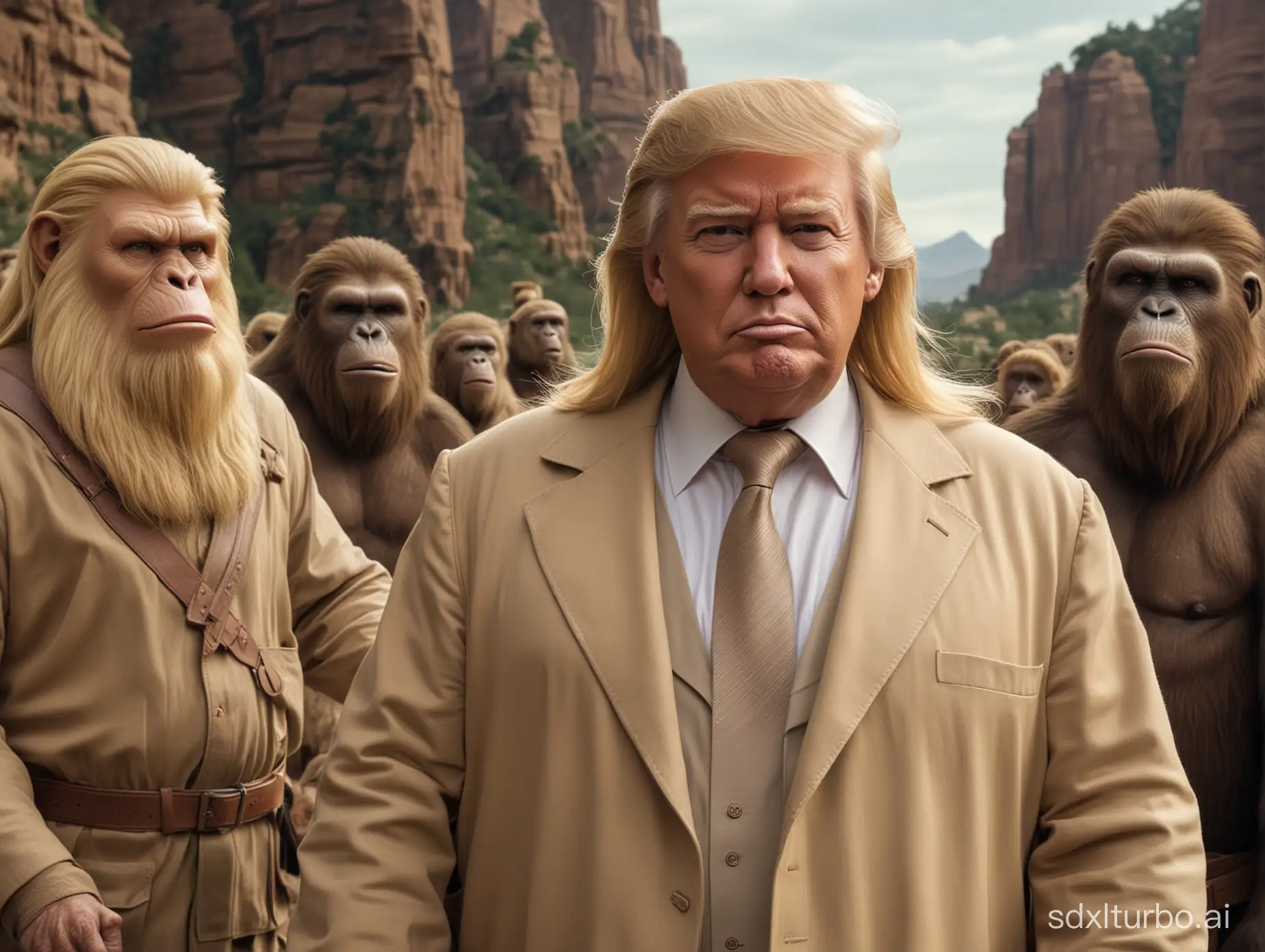 A photo realistic picture of Donald Trump wearing the exact style beige clothing of Doctor Zaius on the original film of Planet of The Apes.