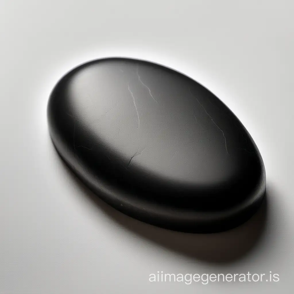 Beautiful stone, one piece, oval shape, dark black matte texture, monochrome, slightly elongated horizontally, polished medium-sized cabochon on a white background, top view of the stone on a light background