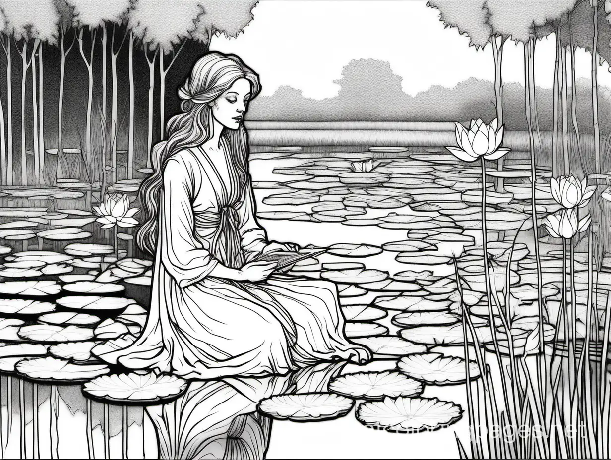 a woman sitting at a pond with waterlilies, trees in the background, painted by Arthur Rackham,, Coloring Page, black and white, line art, white background, Simplicity, Ample White Space. The background of the coloring page is plain white to make it easy for young children to color within the lines. The outlines of all the subjects are easy to distinguish, making it simple for kids to color without too much difficulty