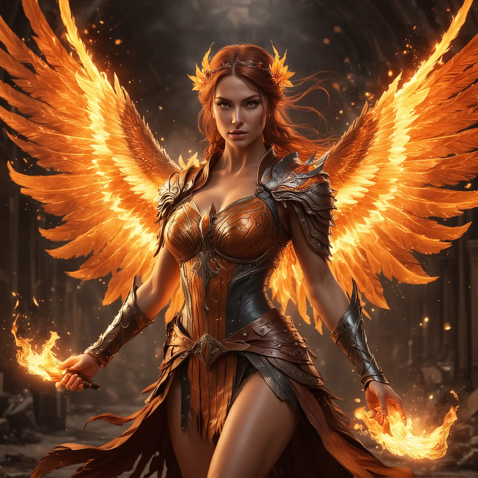female phoenix fairy warrior with flames around her