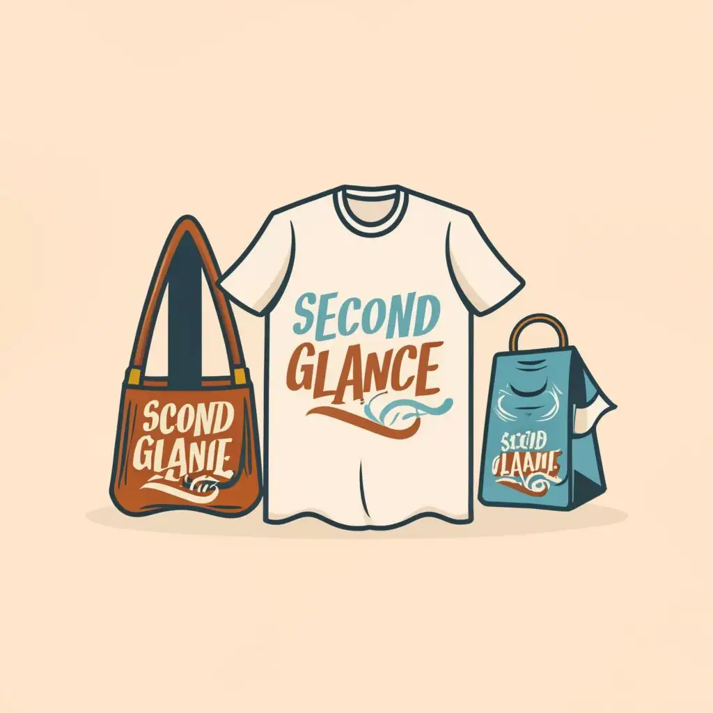 logo, Shirt and bag, with the text "Second Glance", typography