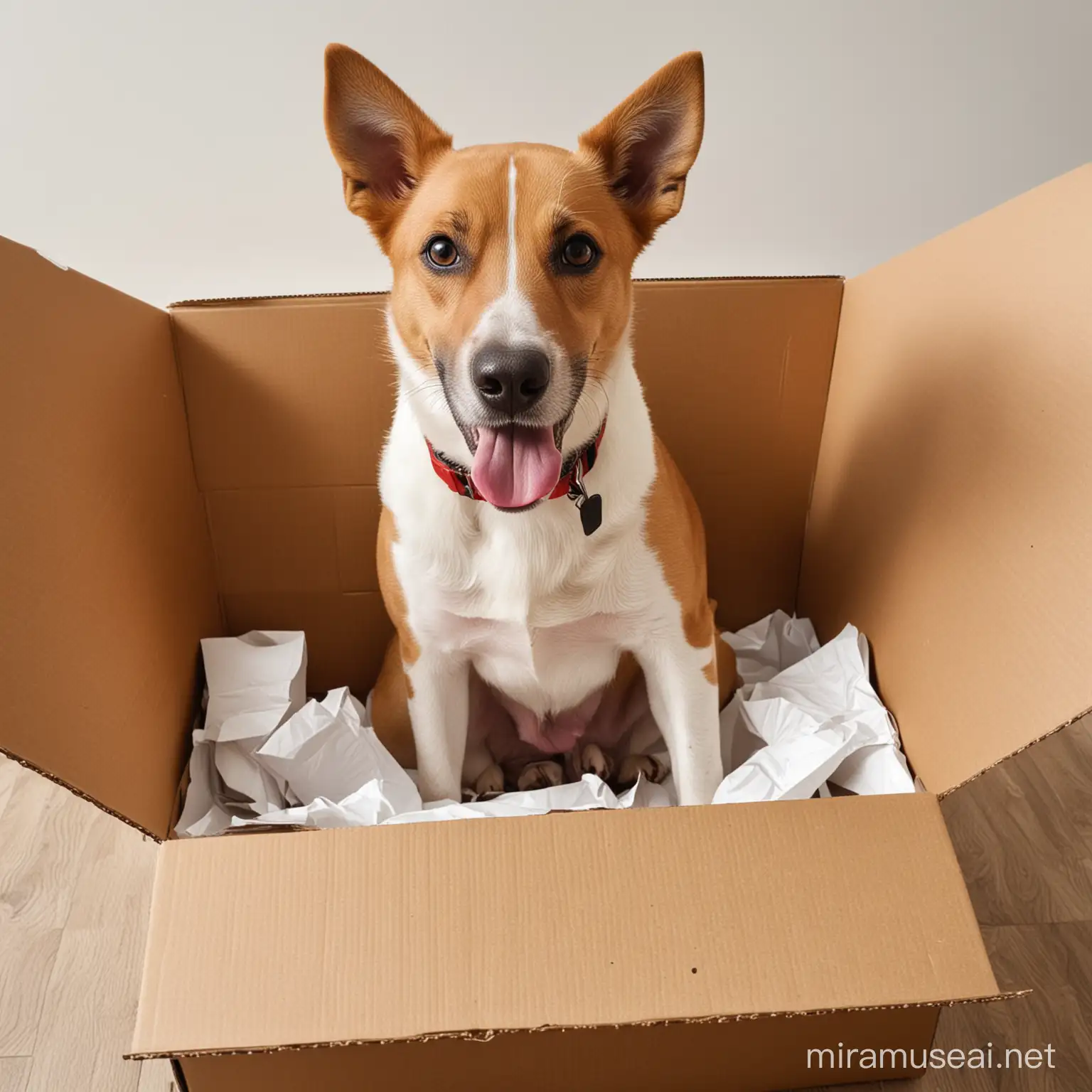 Playful Dog Excitedly Unboxing Cardboard Package