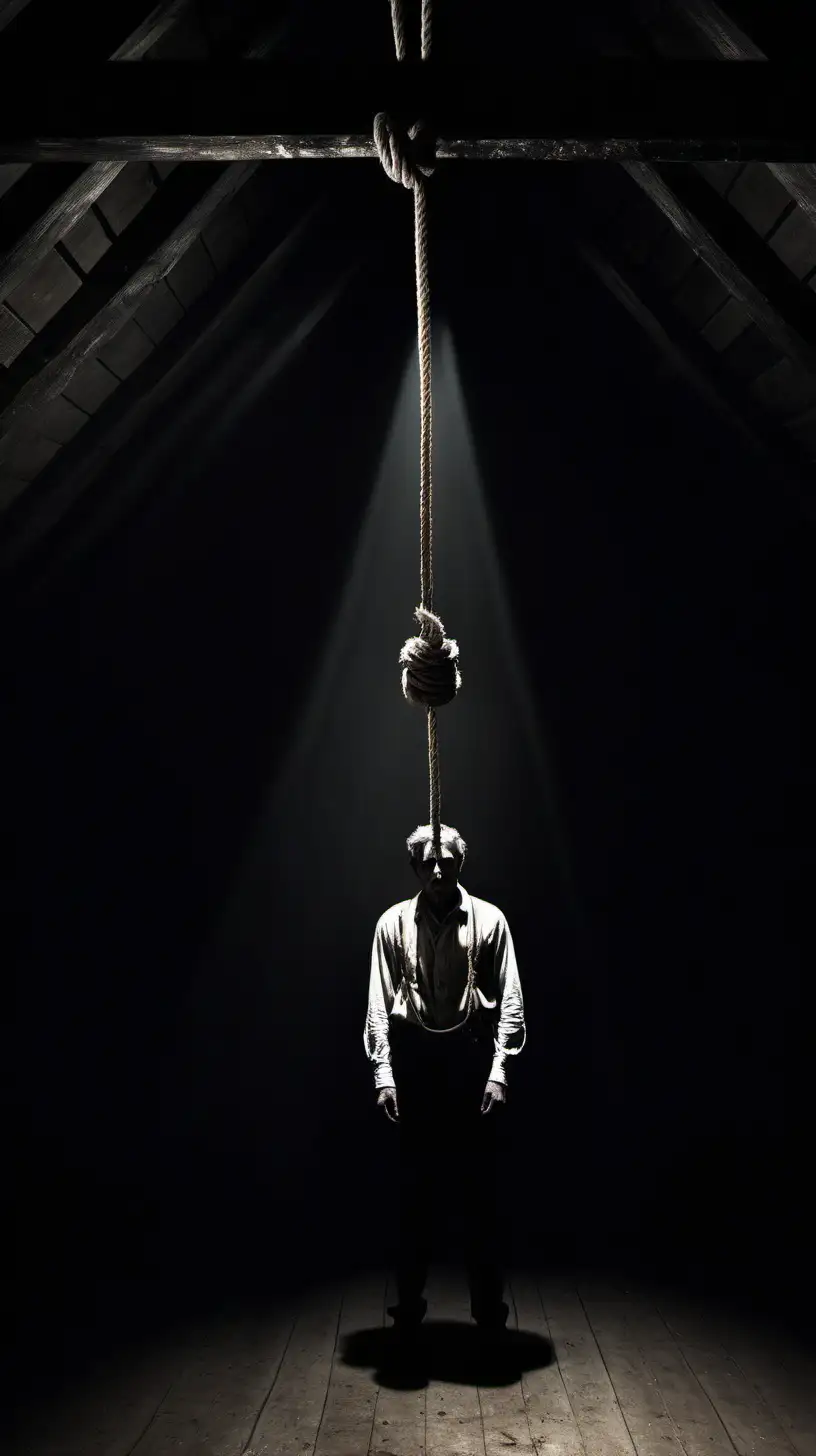 man standing in darkness, a rope noose hanging from the roof, 19th century bedroom, dark and eerie setting  