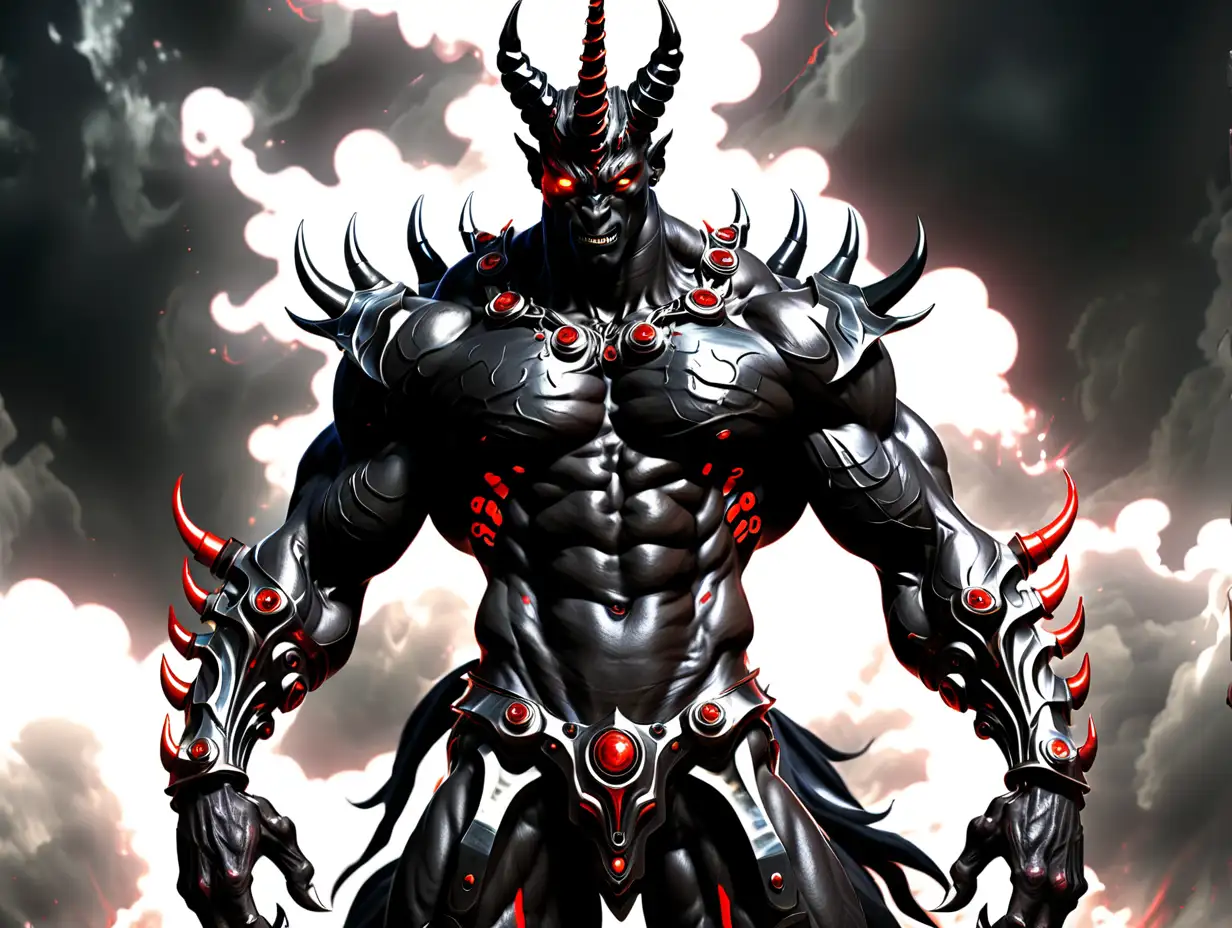 A muscular god jet black skin and red eyes. He has a horn like a unicorn. He has more arms made of aura. emphasis on multiple arms
