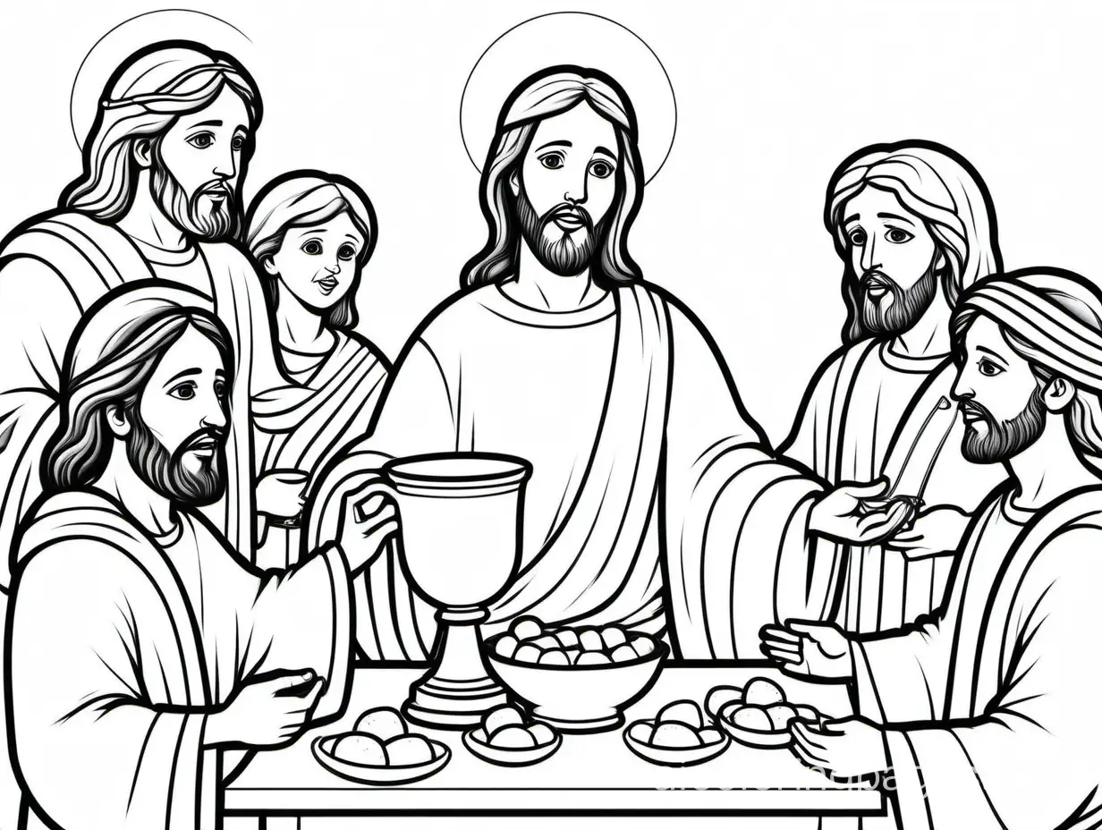 Jesus offering the cup of wine to his disciples of different faces, breaking bread Coloring Page, black and white, line art, white background, Simplicity, Ample White Space. The background of the coloring page is plain white to make it easy for young children to color within the lines. The outlines of all the subjects are easy to distinguish, making it simple for kids to color without too much difficulty, Coloring Page, black and white, line art, white background, Simplicity, Ample White Space. The background of the coloring page is plain white to make it easy for young children to color within the lines. The outlines of all the subjects are easy to distinguish, making it simple for kids to color without too much difficulty