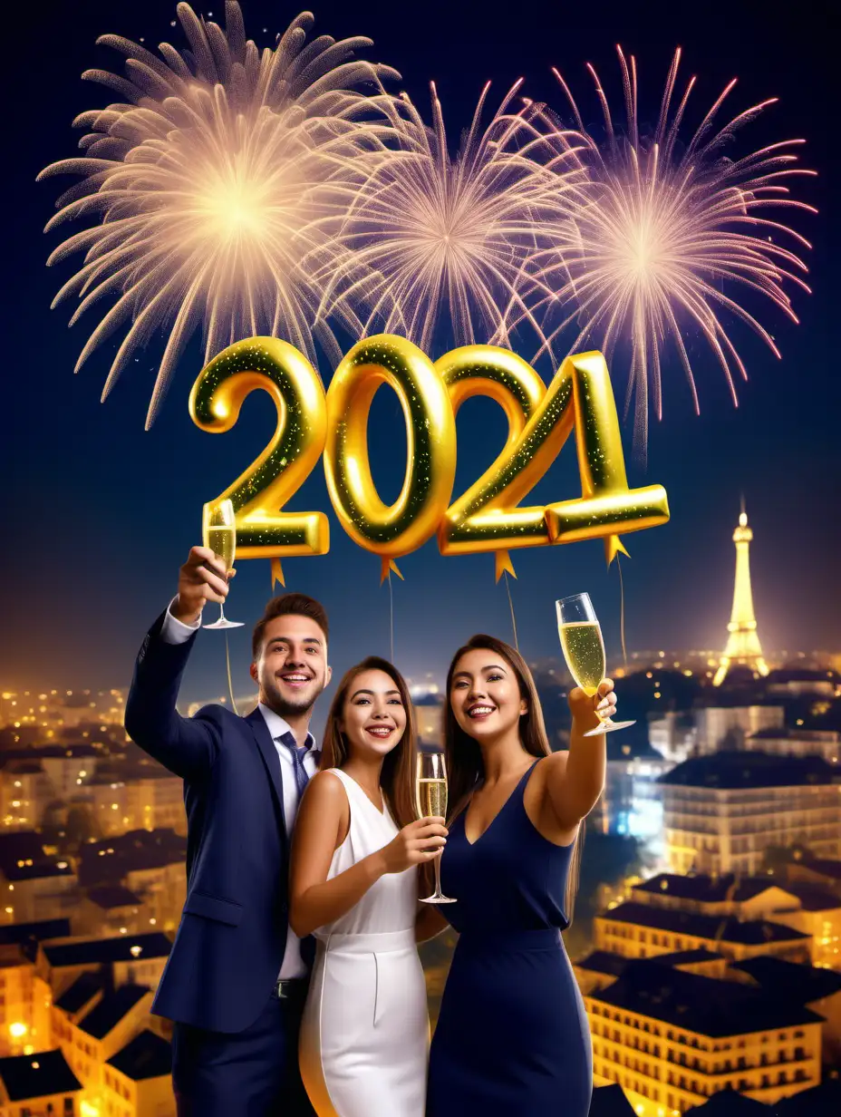 official postcard for the new year, wishes for 2024, champagne people, real photography, fireworks in the sky, 3 people are having fun and standing against the background of the city and are cheerful, you can see the whole figures of people, insert wishes HAPPY BIRTHDAY IN THE NEW YEAR 2024
