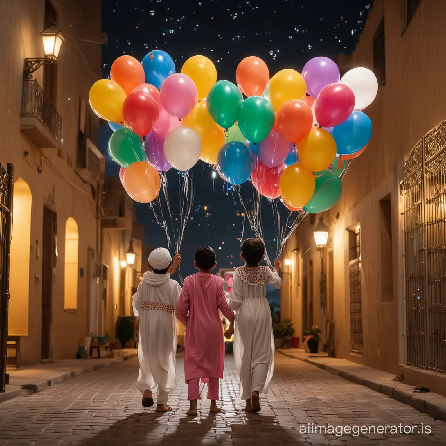back view Joyful Arab Children Celebrating Eid ul Fitr with Balloons and Candy at Night