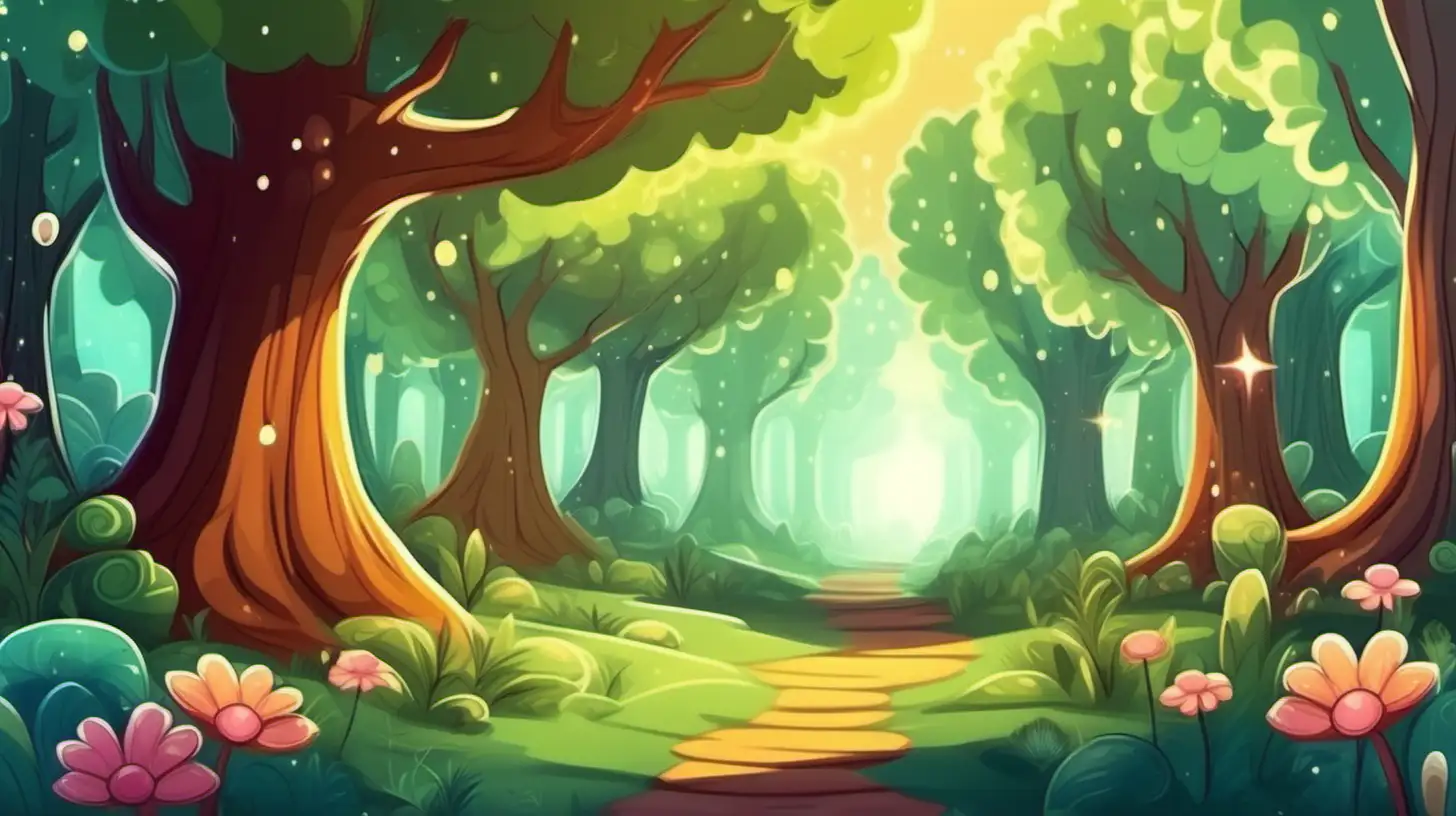 in cute cartoon style, an image of magical forest with large trees, beautiful gardens and beautiful light