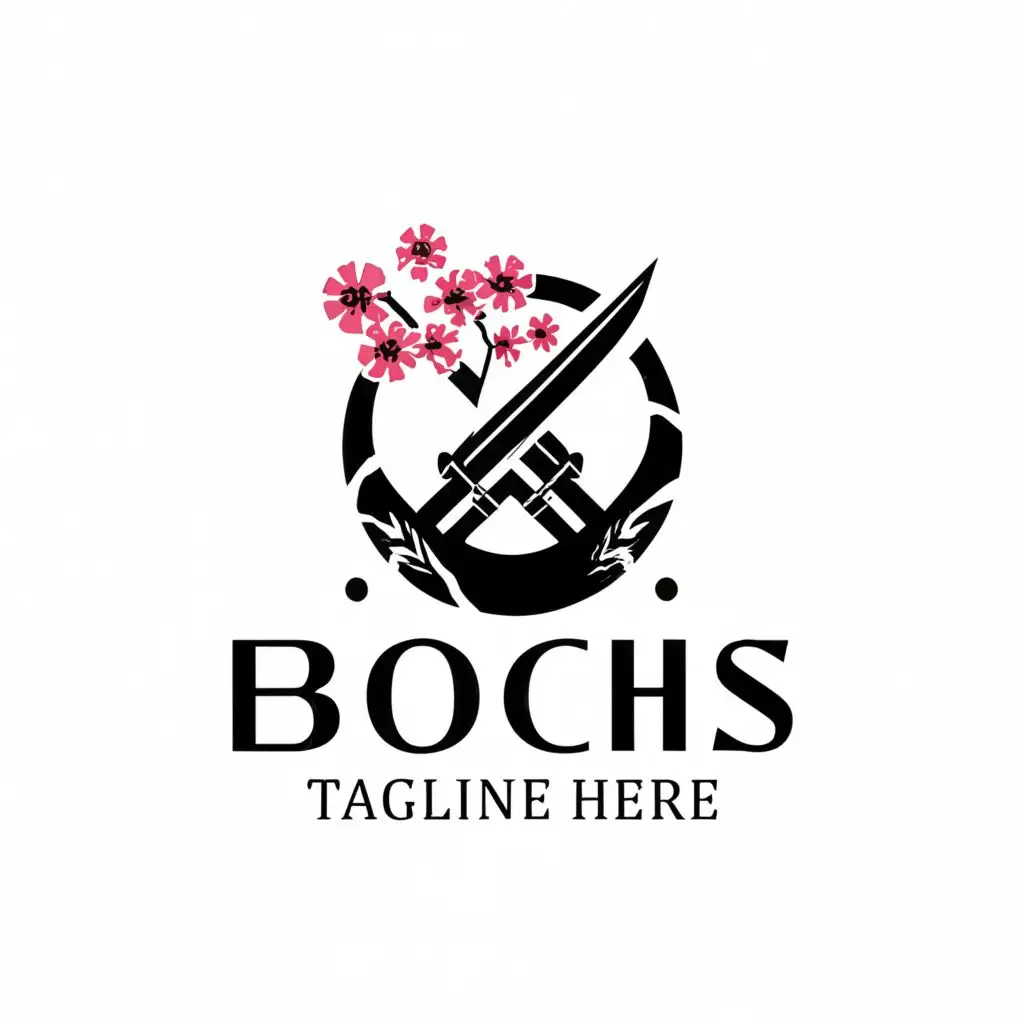 a logo design,with the text 'Buchi', main symbol:Katana sword with cherry blossom on it and make the katana more visible,complex,be used in Restaurant industry,clear background