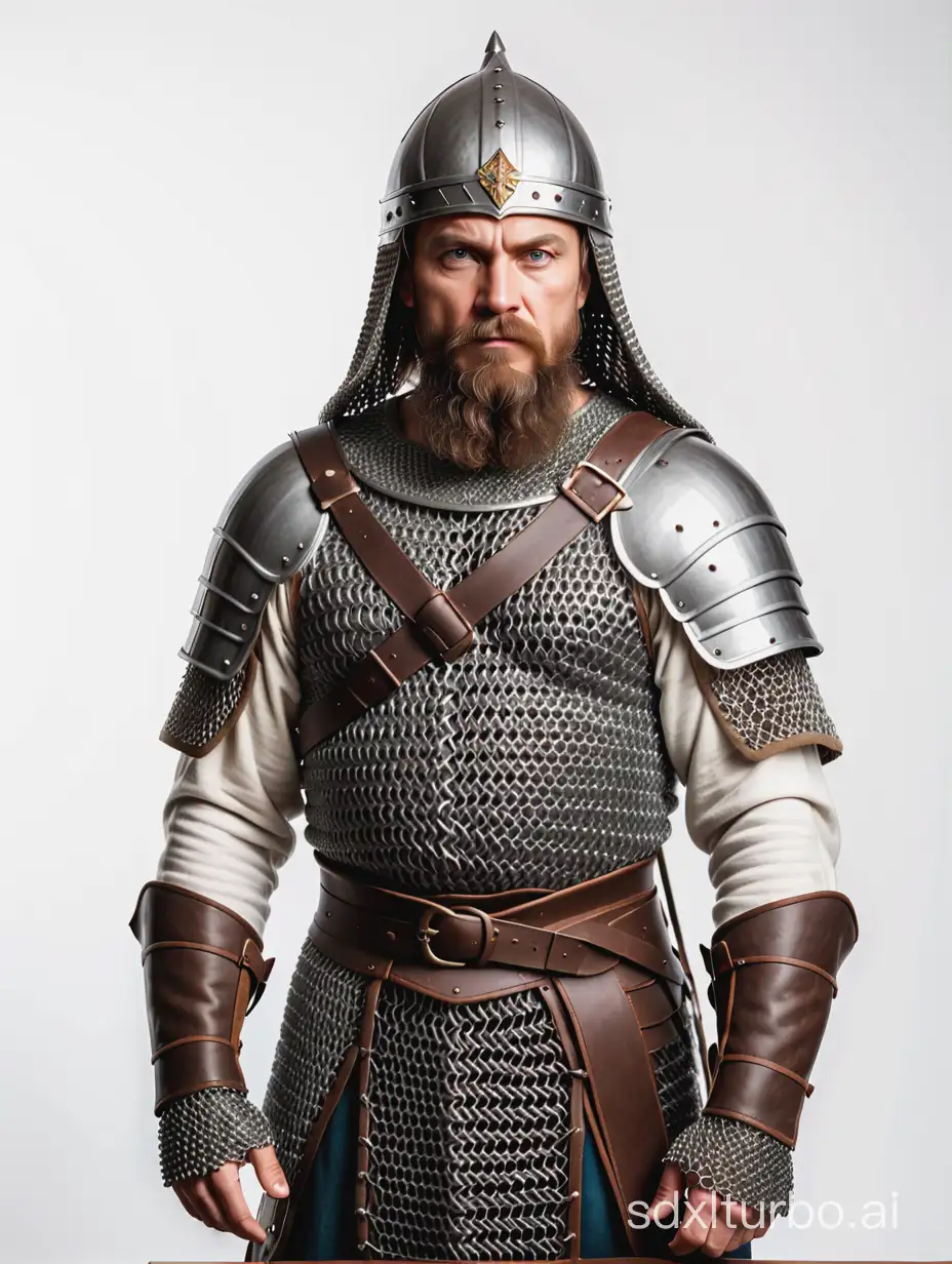 A Russian warrior who is about 40 years old, with a visible torso and hands at the waist, looks to the side in chainmail, with armor and a beard, with an Old Slavic helmet on a white background