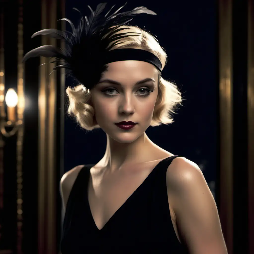 Full colour image. A stunningly attractive blonde woman in her late twenties. She wears a black dress in the style of the 1920s. She has short blonde hair and a black feather headband. The background is the interior of a finely appointed New York mansion at night.