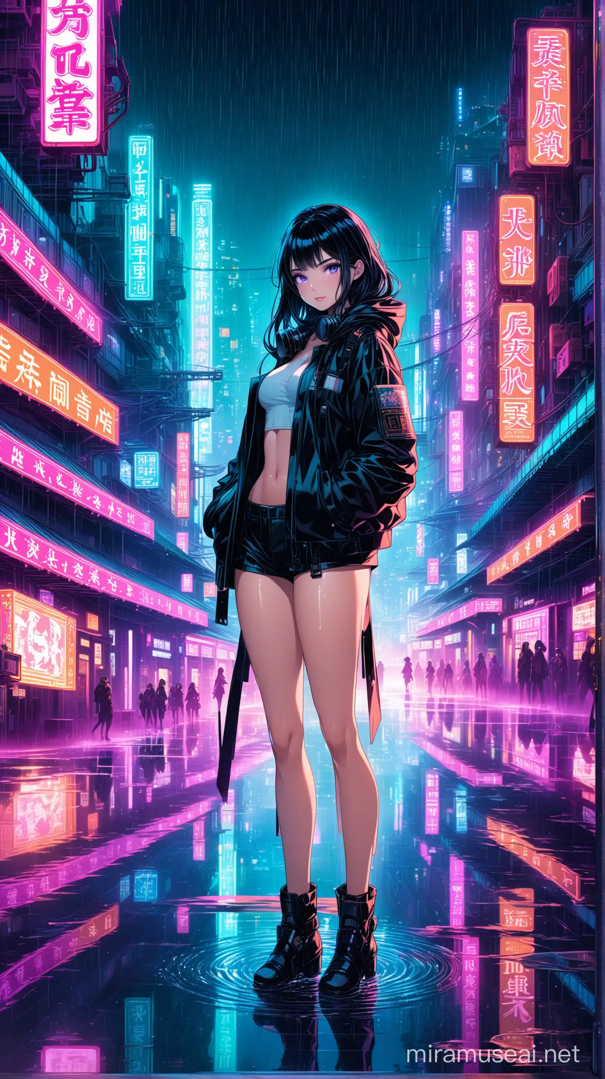 Futuristic Cyberpunk Anime School Girl in Gas Mask amid Neon Cityscape