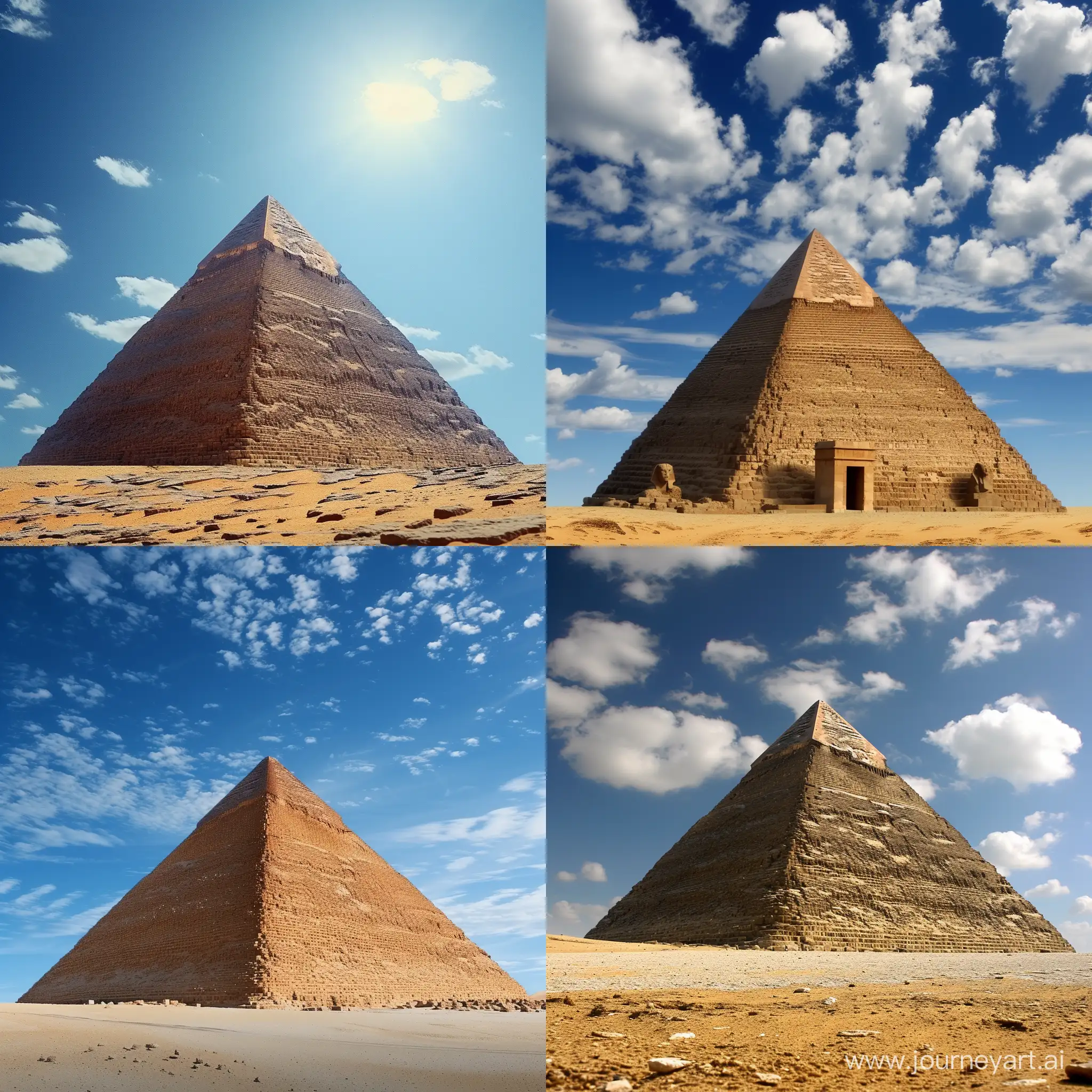 hyper real image of an egyptian pyramid sitting under the blue sky.