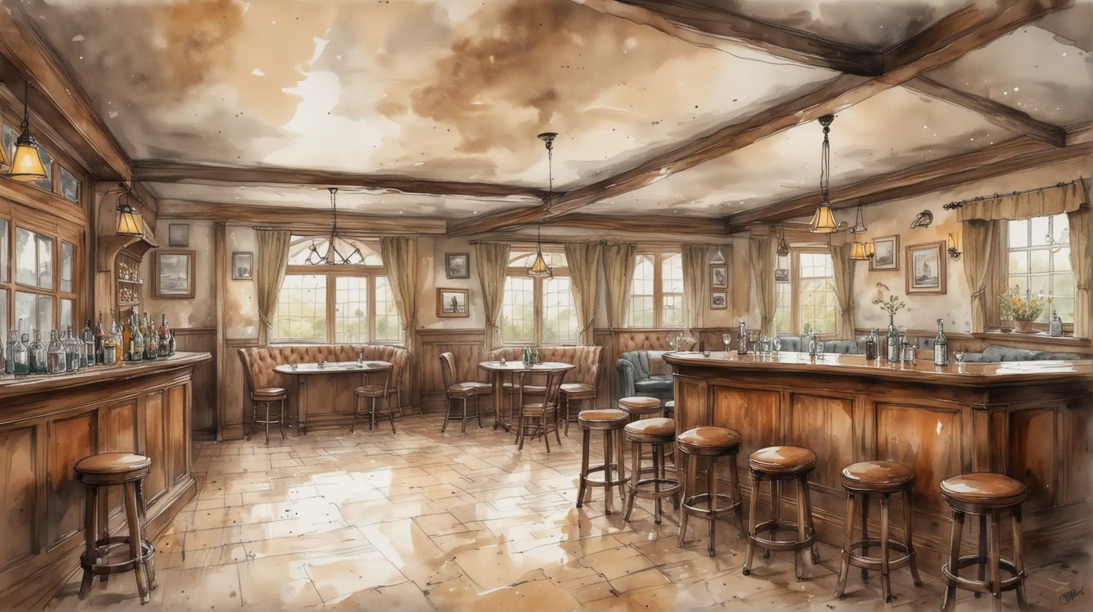 Internal traditional English country pub, set design sketch with water colors, smoke interior