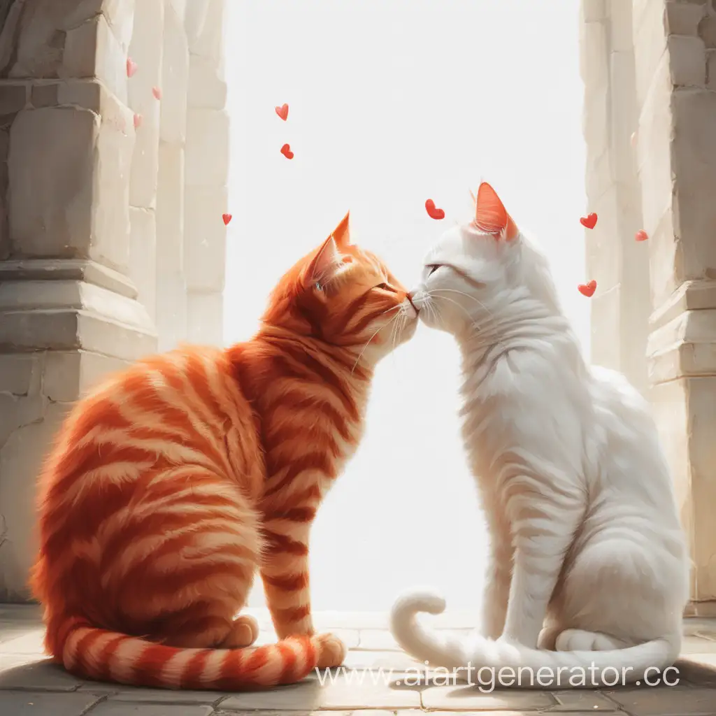 рыжий кот и белая 
кошка  целуются