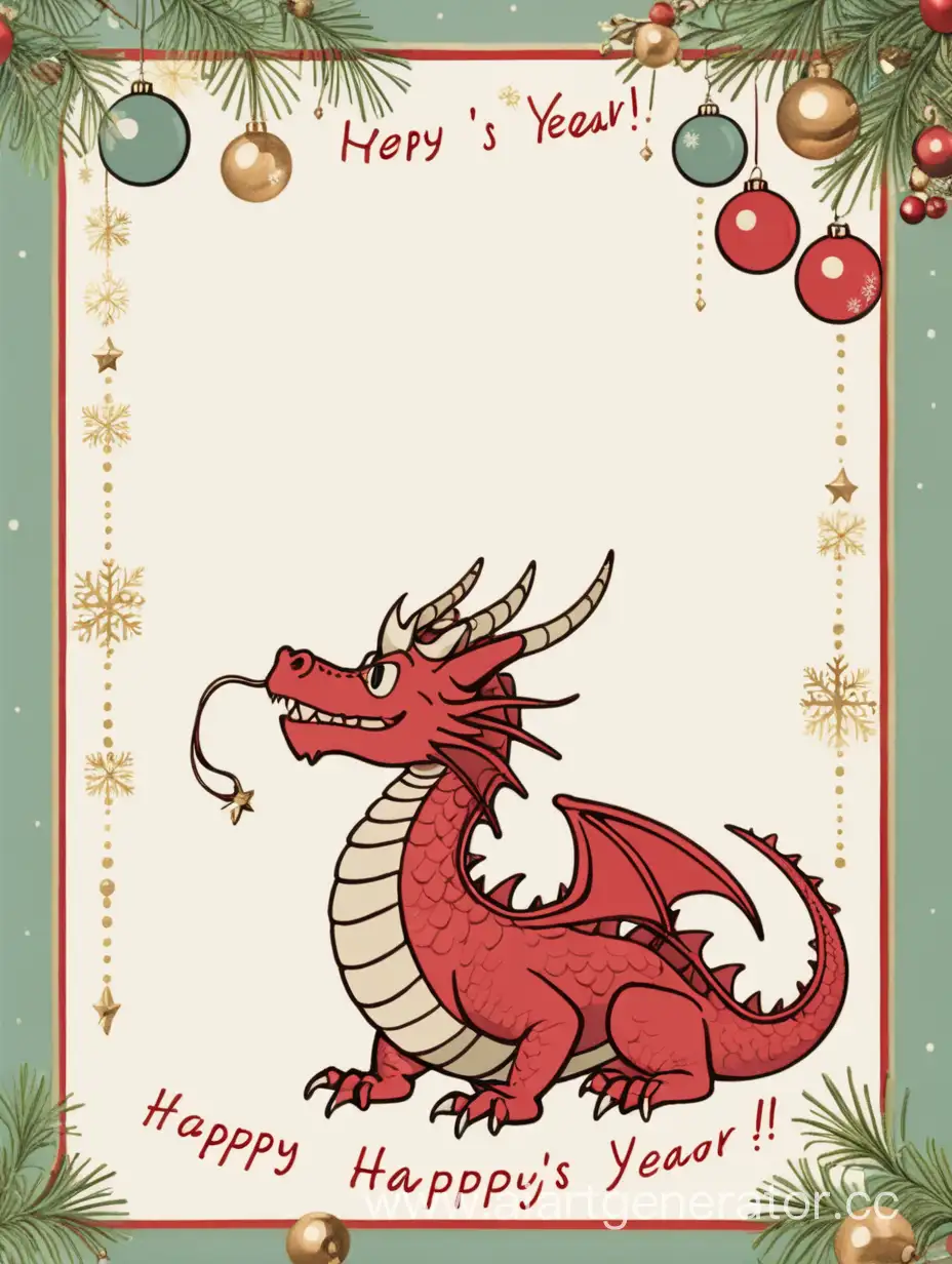 retro stile New Year's card with a blank space for a  script, featuring one smal fastive dragon adorned with a Christmas garland