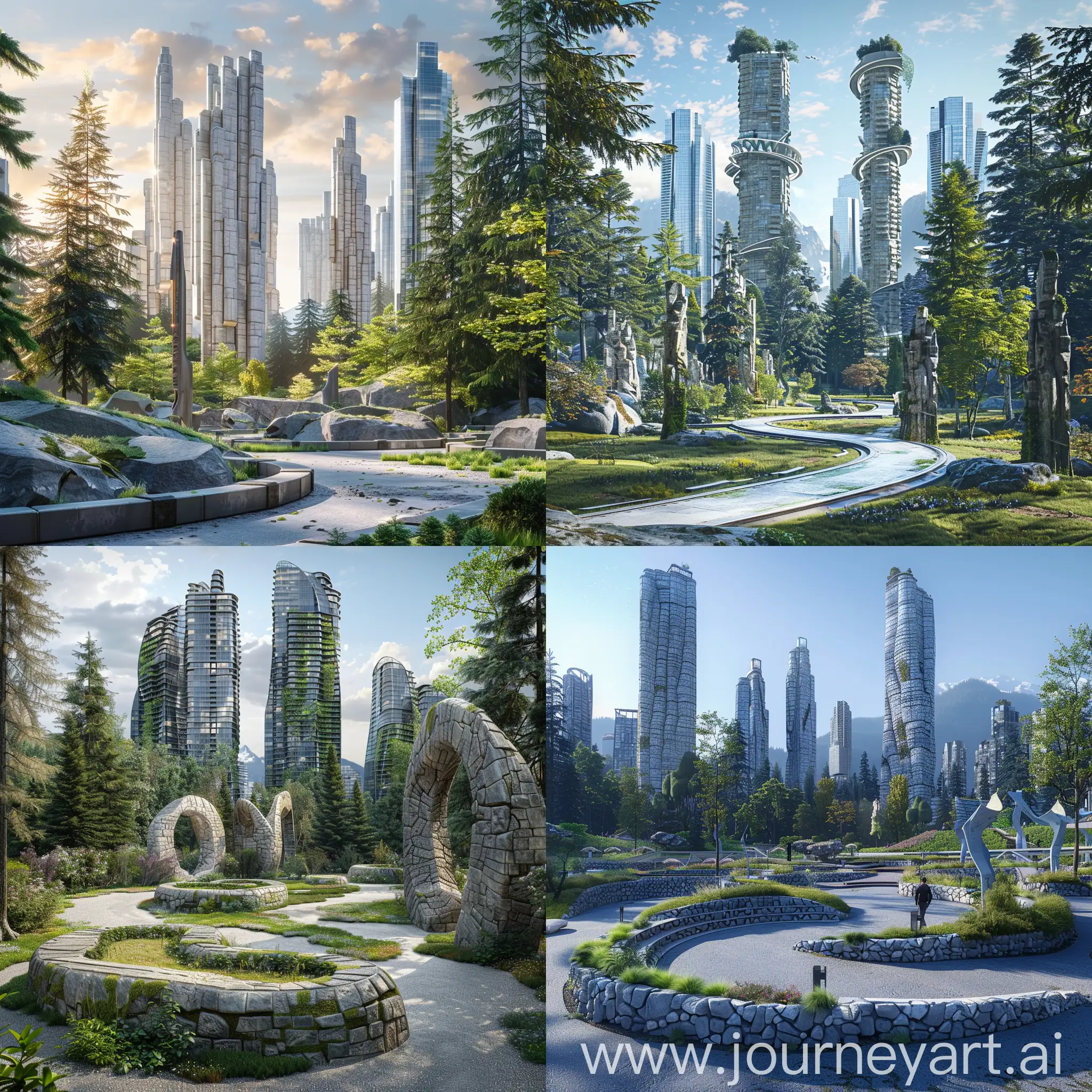 Beautiful futuristic park, stone skyscrapers in background, North American architecture, Cascadia