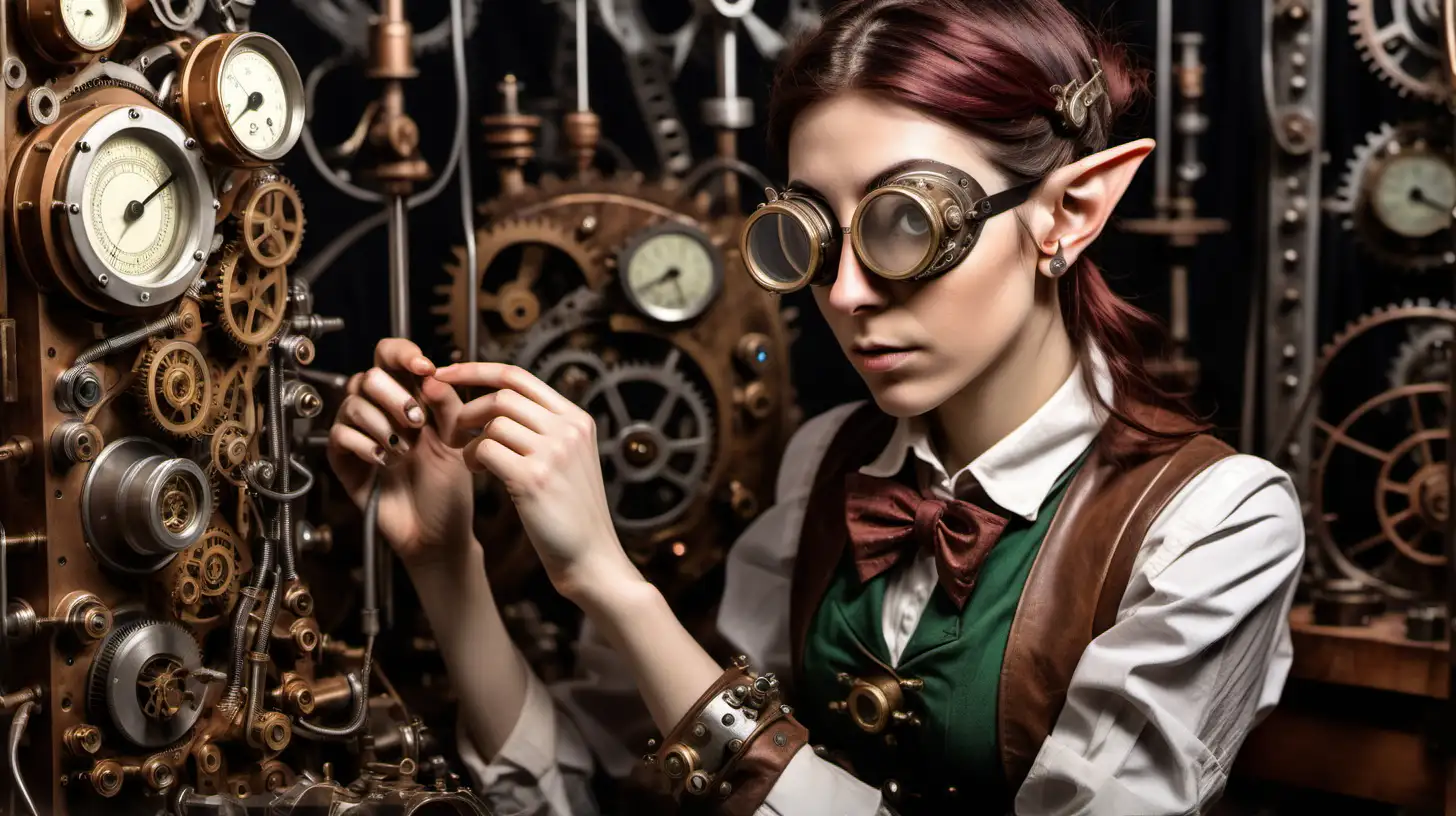 beautiful female elf inventor, age 27 years, long pointy ears, dirty and greasy clothes face and hands, looking at a set of gauges with a thoughtful expression, steampunk goggles, large clockwork machine, inventors workshop, steampunk 