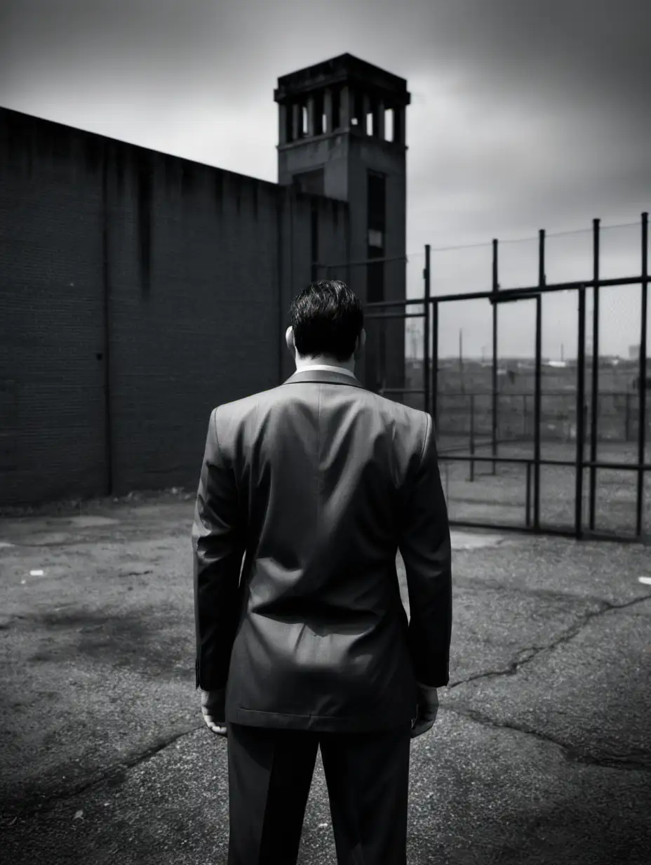 man wearing suit with his back to us moody gritty black and white with a prison in background