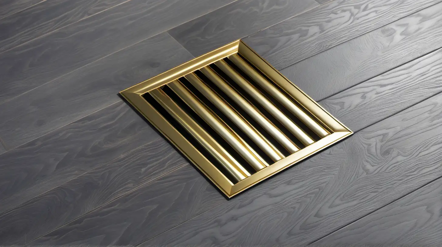 Bright and Clear Image of a Long Rectangular Shiny Gold Vent on Gray Wood Floor