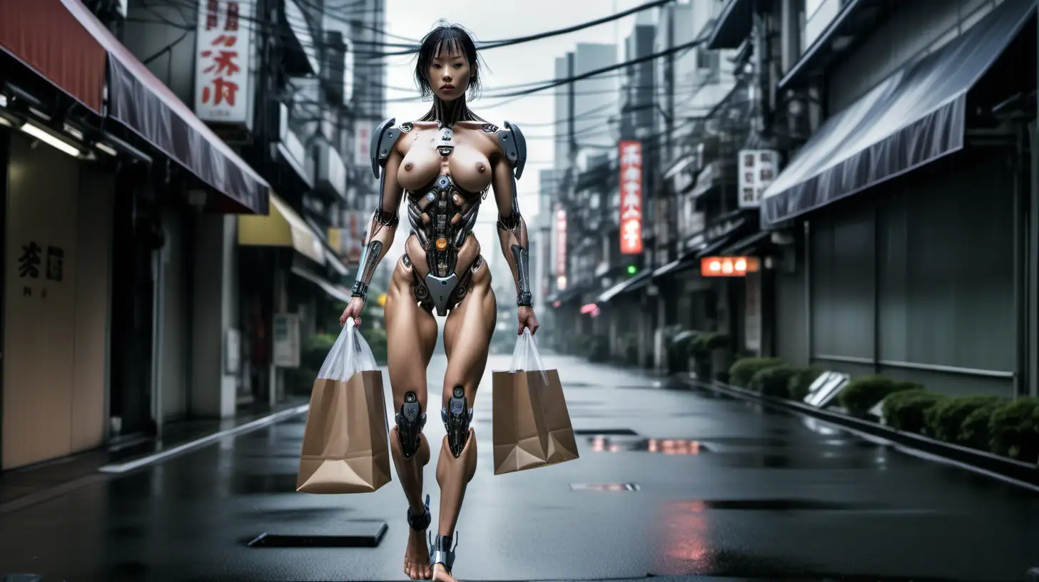 naked muscular female cyborg walking, in neo tokyo, robotic legs, carrying shopping bags, rainy day
