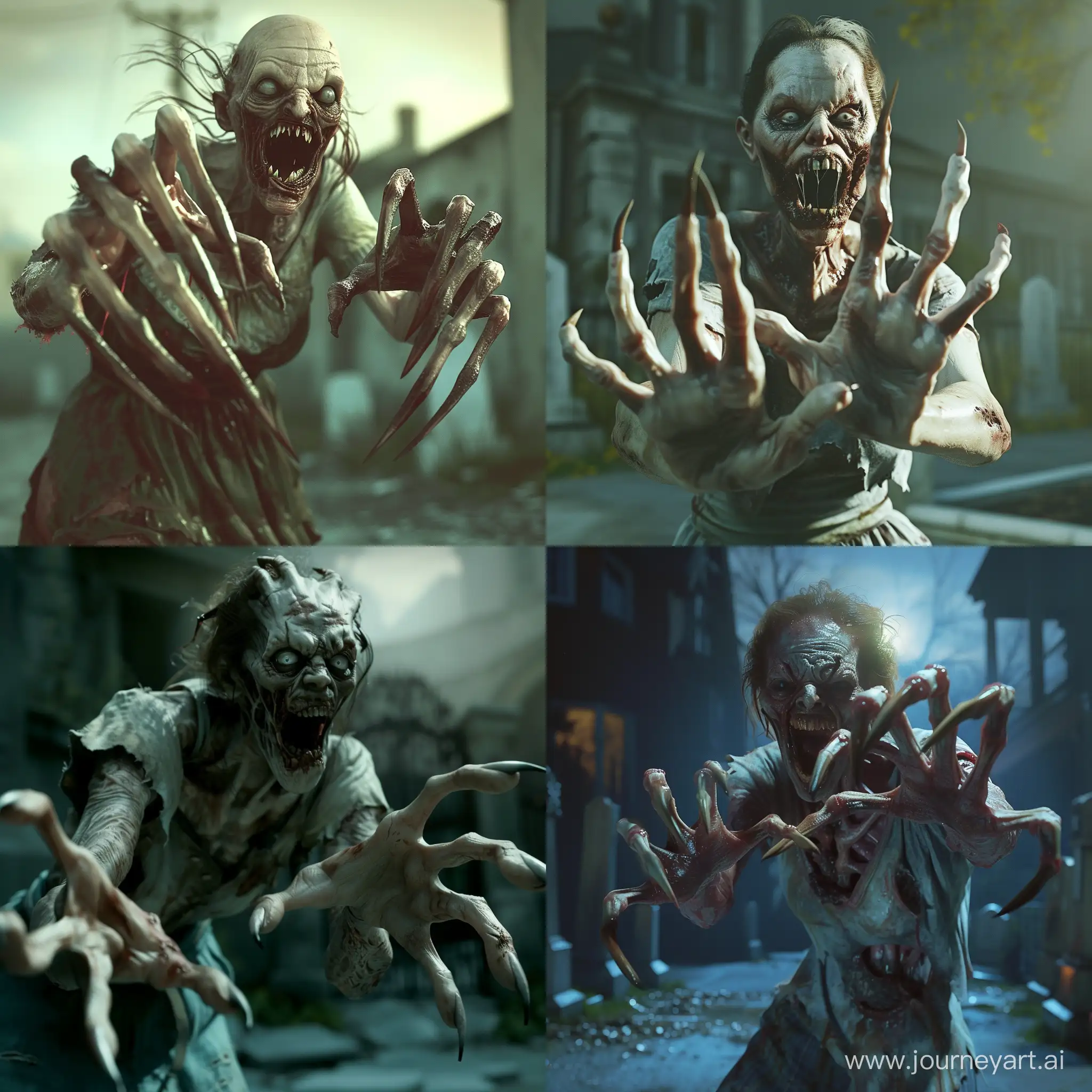 A rotting terrible zombie woman is standing in the middle of the scene, with curved, long, pointed nails protruding from her five fingers like menacing claws . Her mouth is dangerously open, exposing pointed teeth that resemble fangs. Her eyes are empty and she is dressed in torn clothing. She is holding her hands in front of her and is ready to attack. The scene takes place in an abandoned cemetery at night. It has a hyper-realistic feel, with high-definition cinematics and photorealistic lighting, as well as a focus on the detail of the hands and nails.